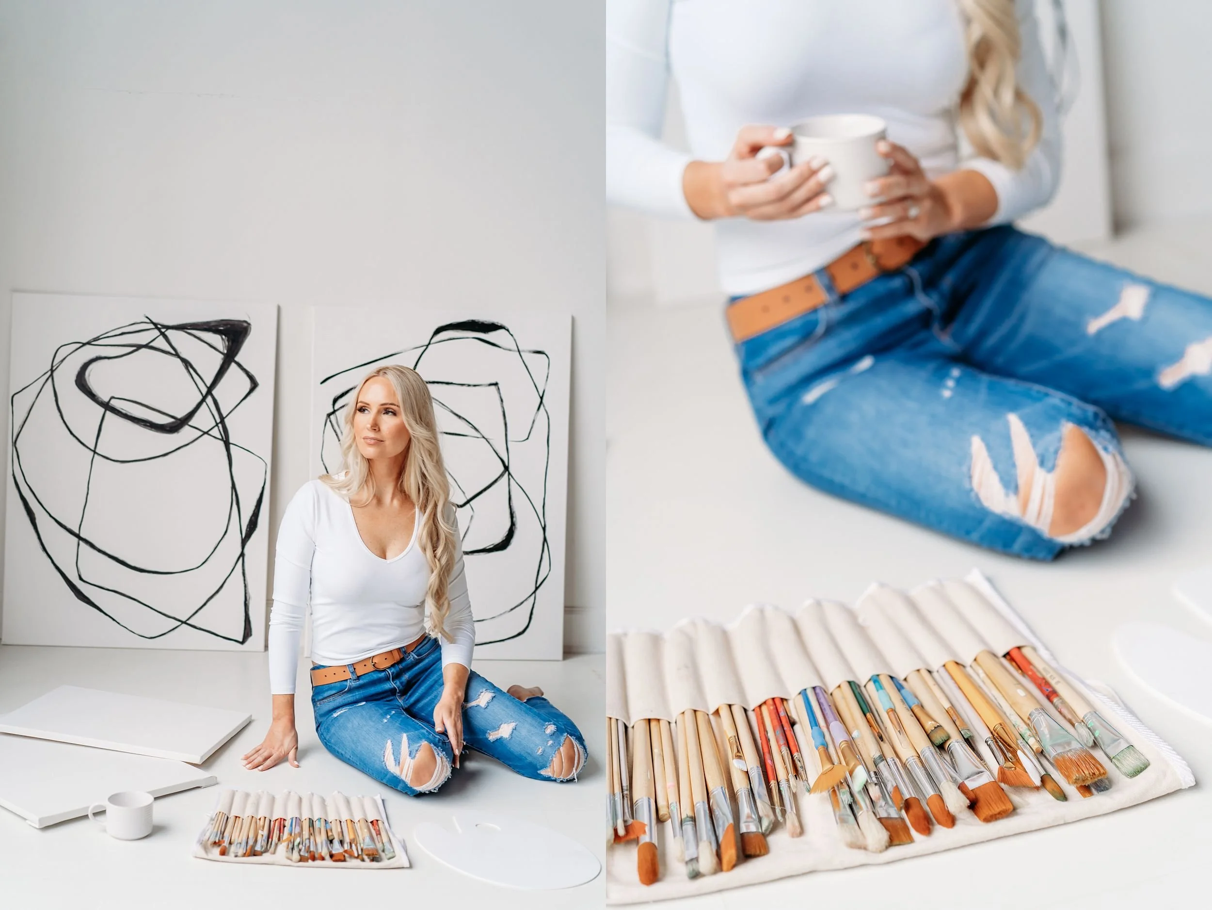 Artist sitting on floor at Blanc Studio west for brand mini session