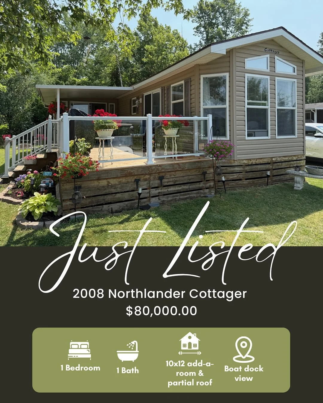 Just listed! Your Summer retreat awaits! ☀️

2008 Northlander Cottager
1 bedroom | 1 bath

✨ Highlights:
- 10x12 add-a-room
- Partial hard roof
- Well maintained gardens
- Upgrades throughout
- All furniture included

This unit is move in ready! Swip