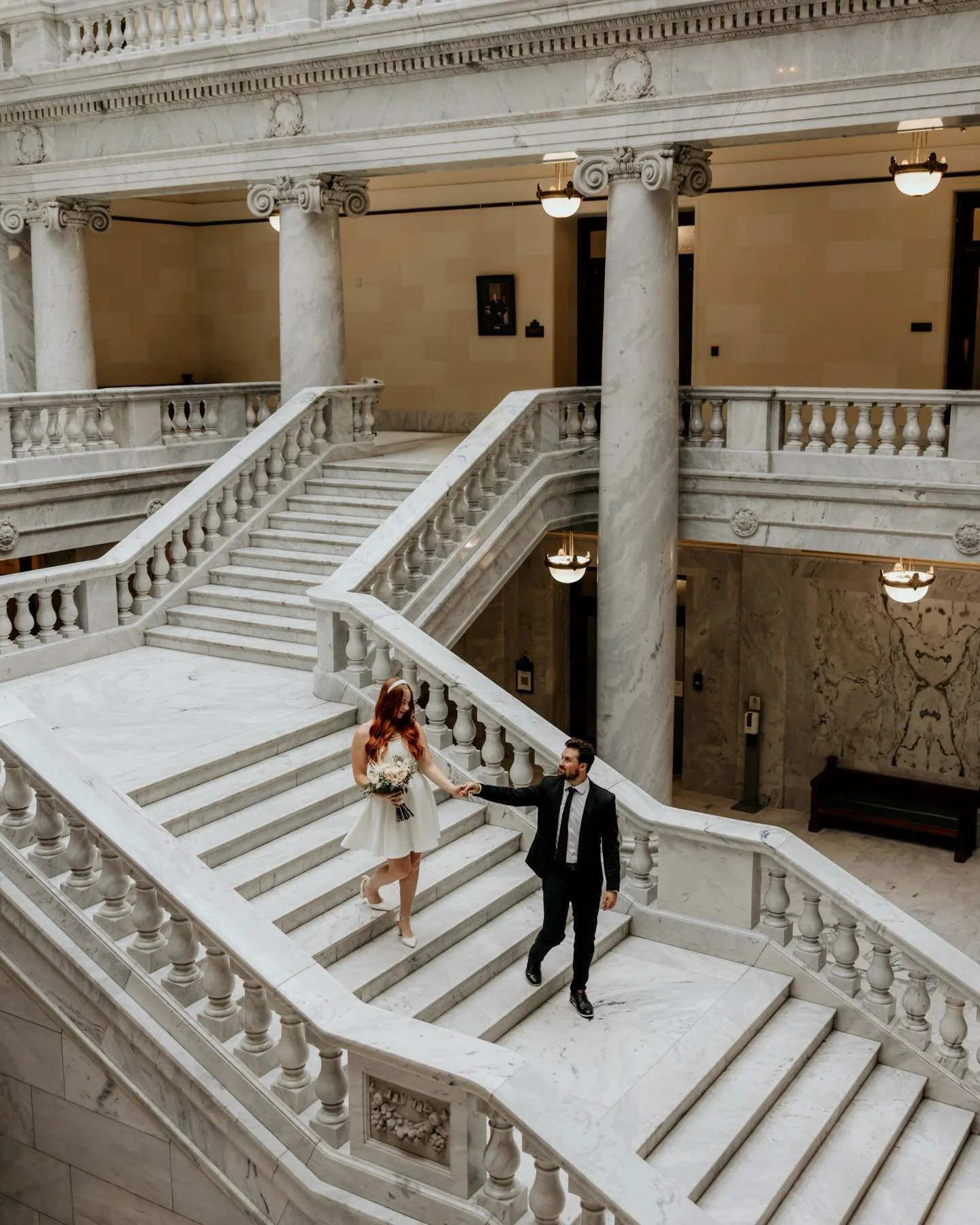 Meet me on the marble stairs 🤍
&bull;
&bull;
Host: @saturneducationco
Models: @thetophams 
Gown: @lovebirdrentals