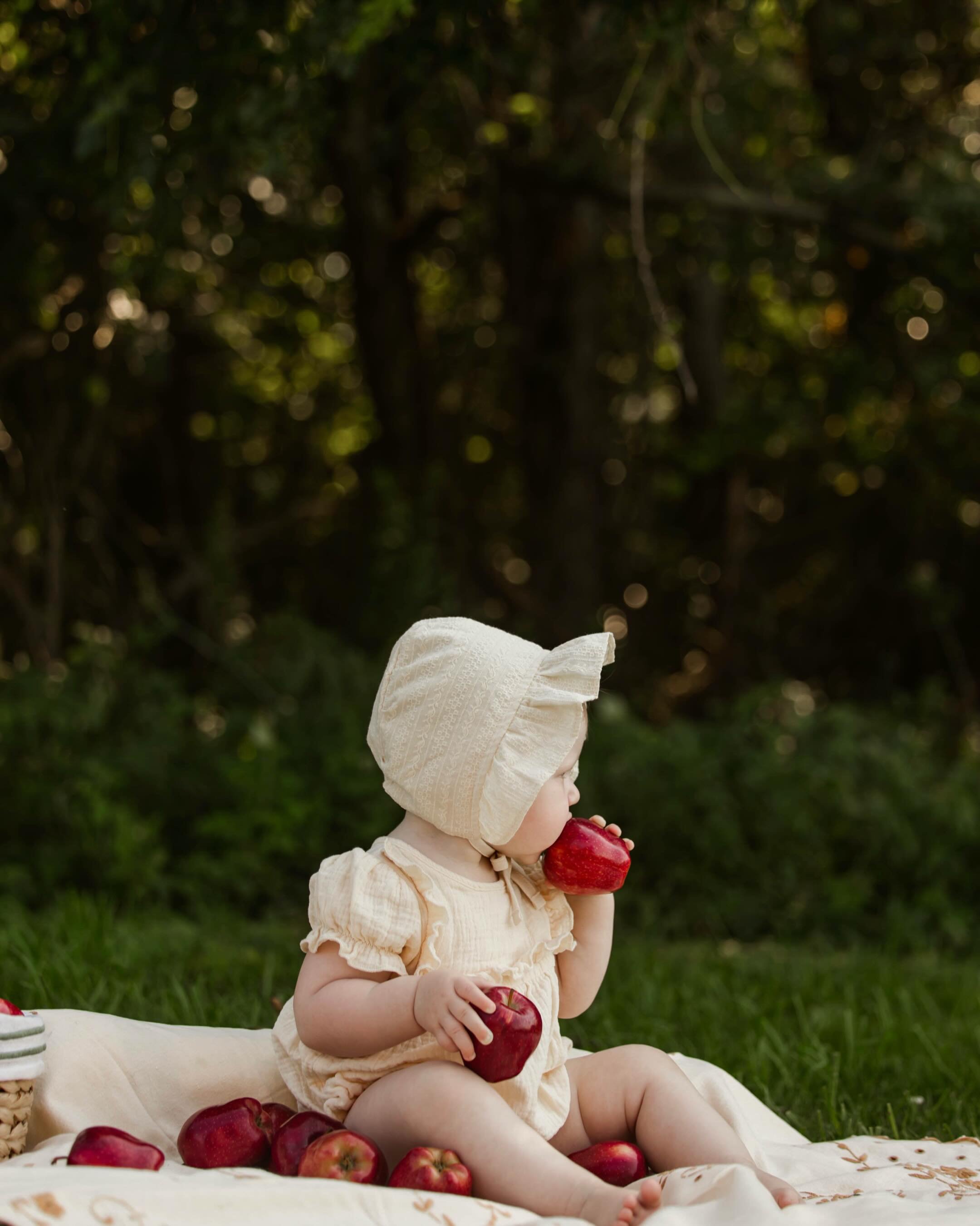 An apple in each hand, wonder in her eyes, and a whole year of being loved. 🍎 
&bull;
&bull;
#photographer #firstbirthdayphotos #milestonesession #buffalophotographer #childphotography birthdaysession appleorchardvibes storybookportraits oneyearold 