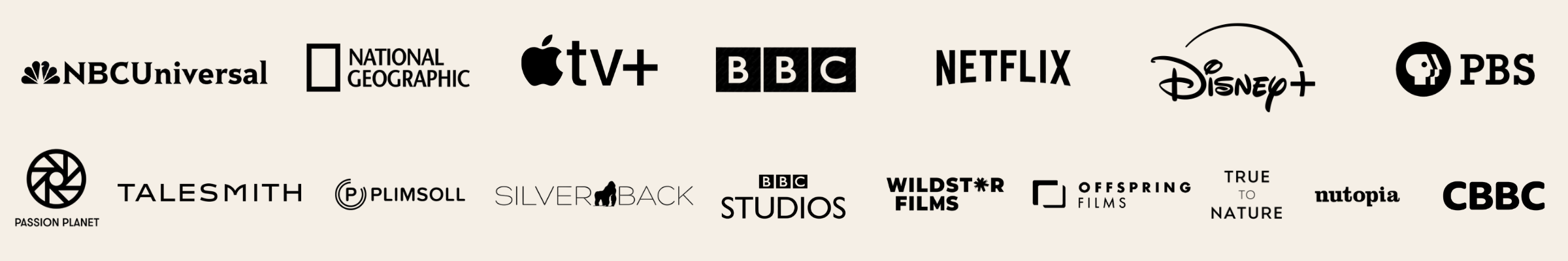 Broadcasters and production companies Mark Sharman has filmed for, including National Geographic, Netflix, BBC, Disney+ and Apple TV+.