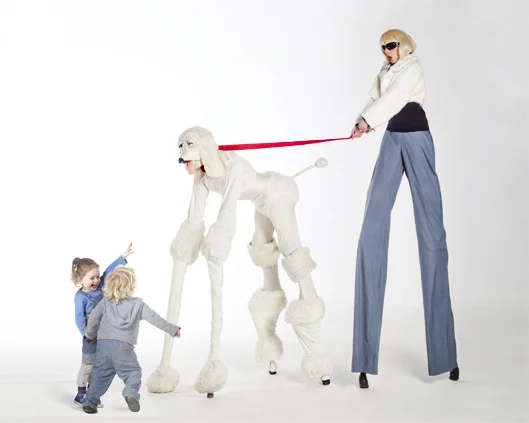 Fifi le Poodle and Mlle Belle, stilt performance 4, Divine Company.jpg
