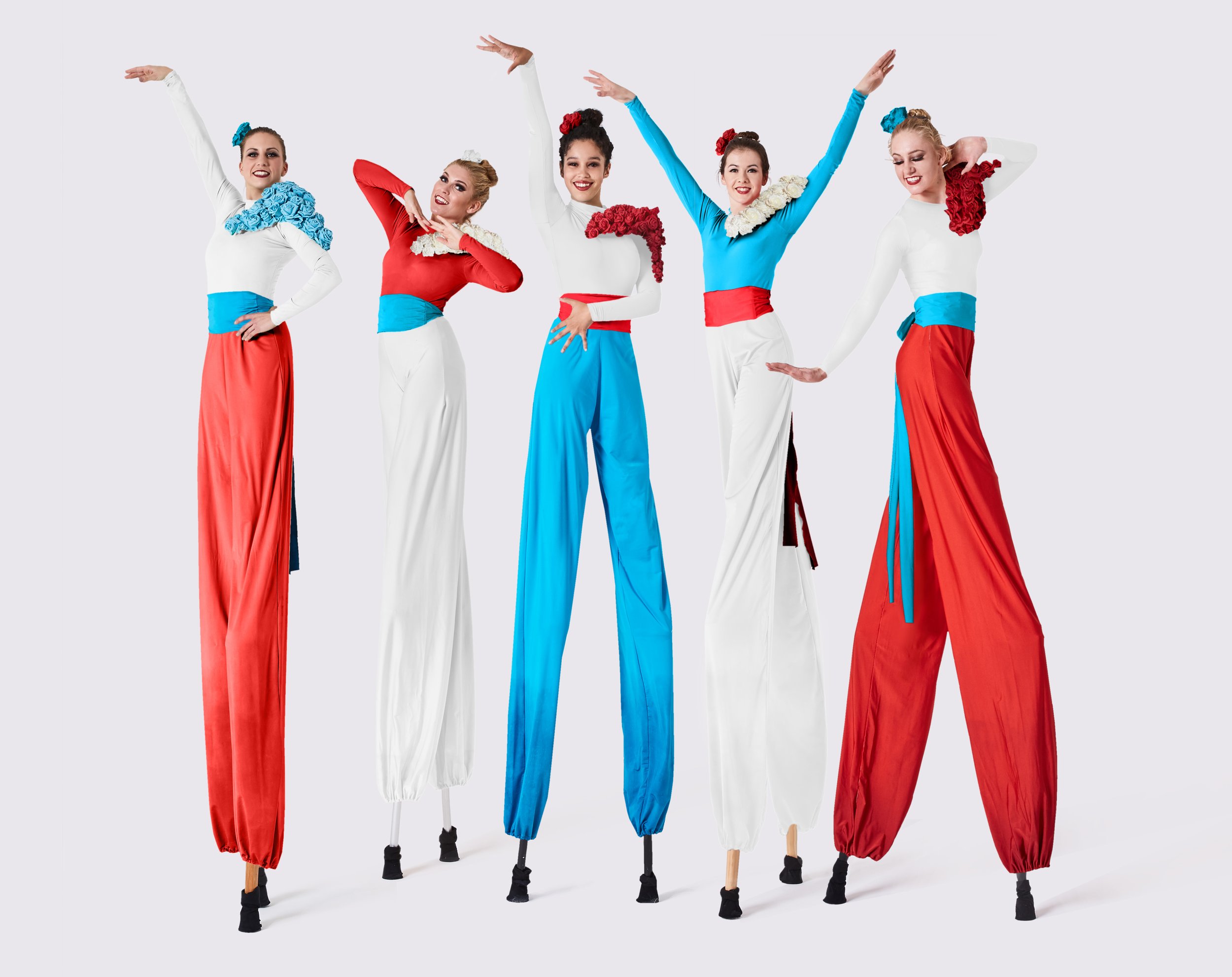 Colour Collection, stilt performance in red, white and blue, Divine Company.jpg