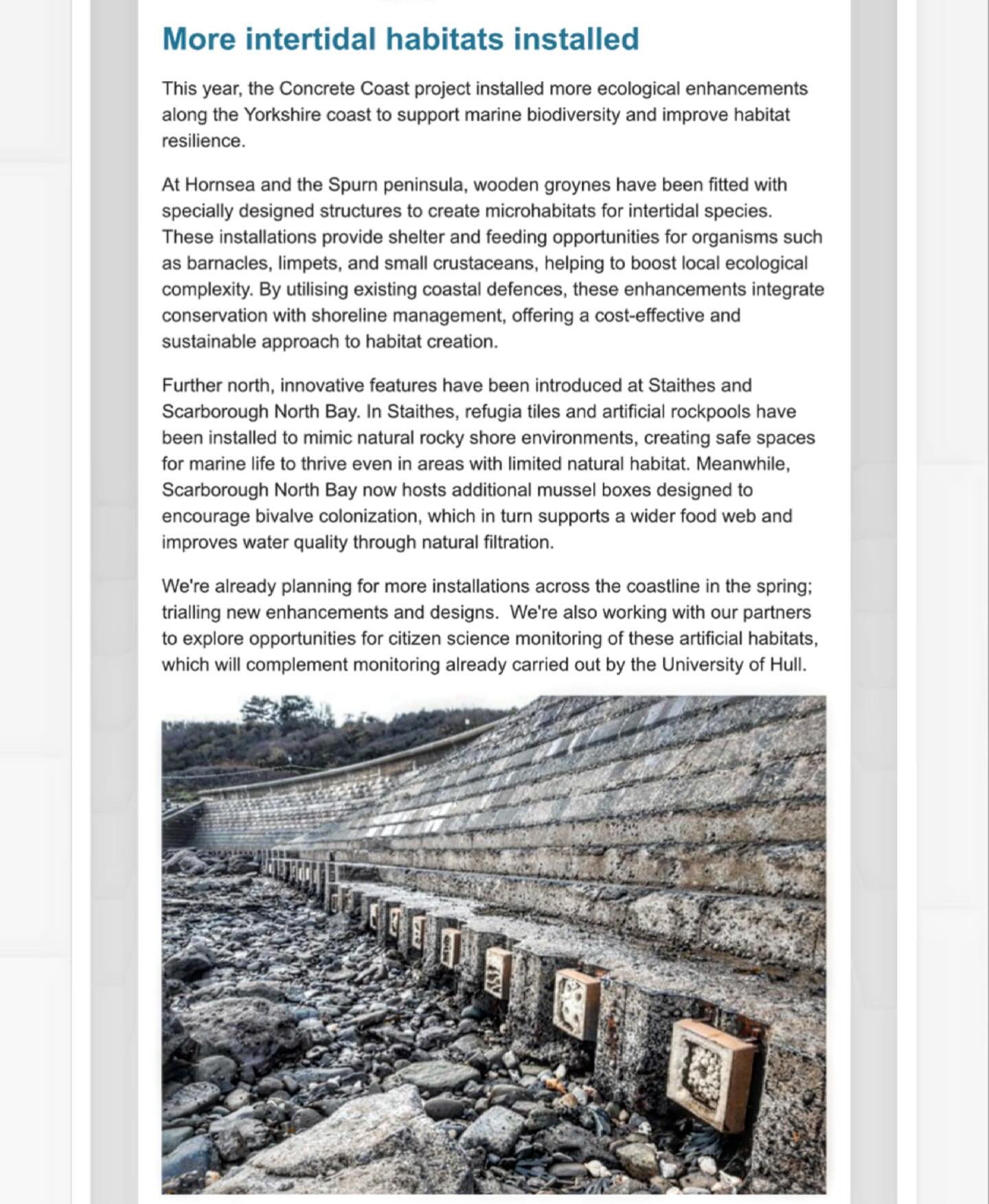 @yorkshiremnp News Letter. If you don&rsquo;t already get it&hellip;sign up immediately, it&rsquo;s great!!
This is a story that includes an update and photo of our Mussel Boxes (formerly known as Habitat Panels).