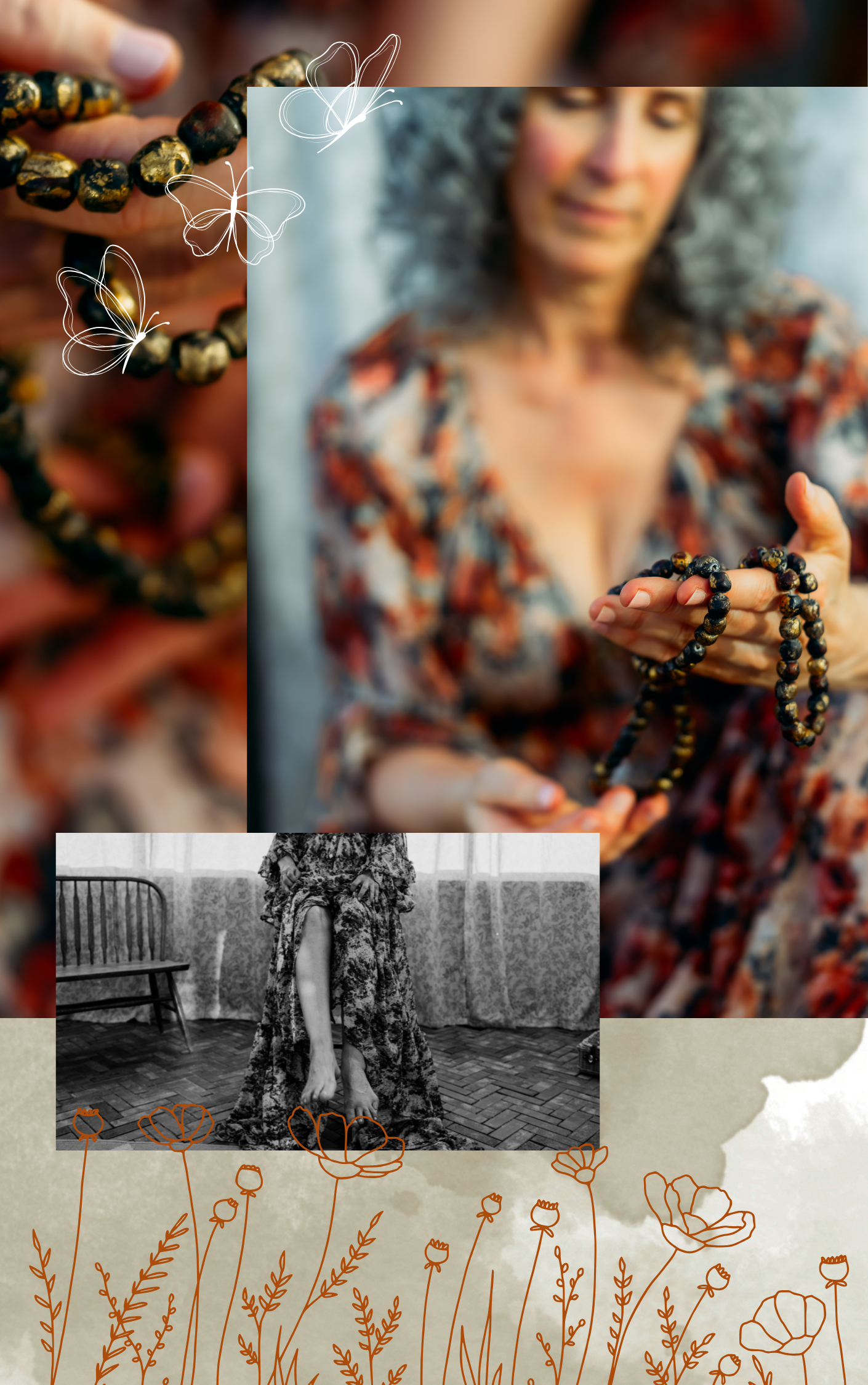 janineholding prayer beads in a flowy dress and misty background