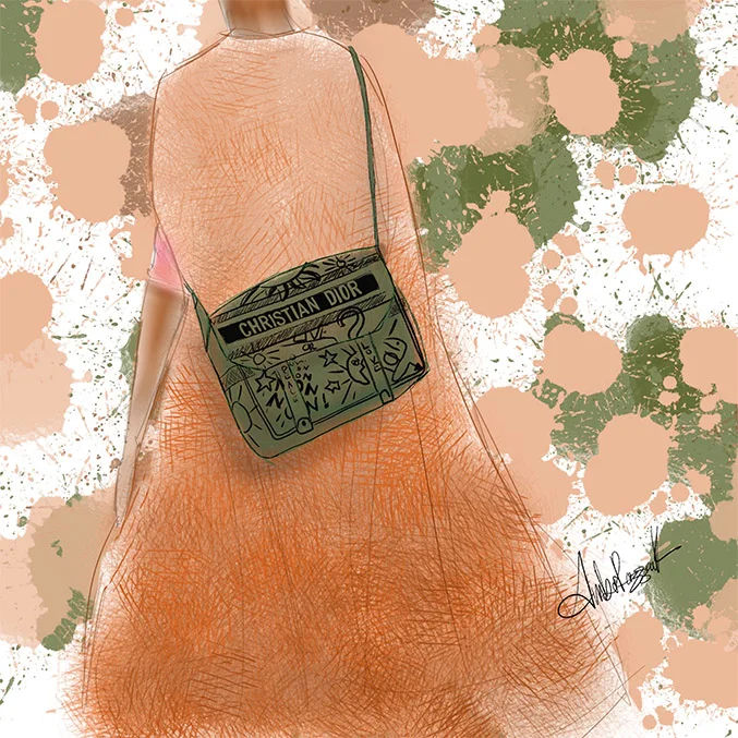 The knitted ombrè cape with the military crossbody bag with scribbled Dior notes and writing.