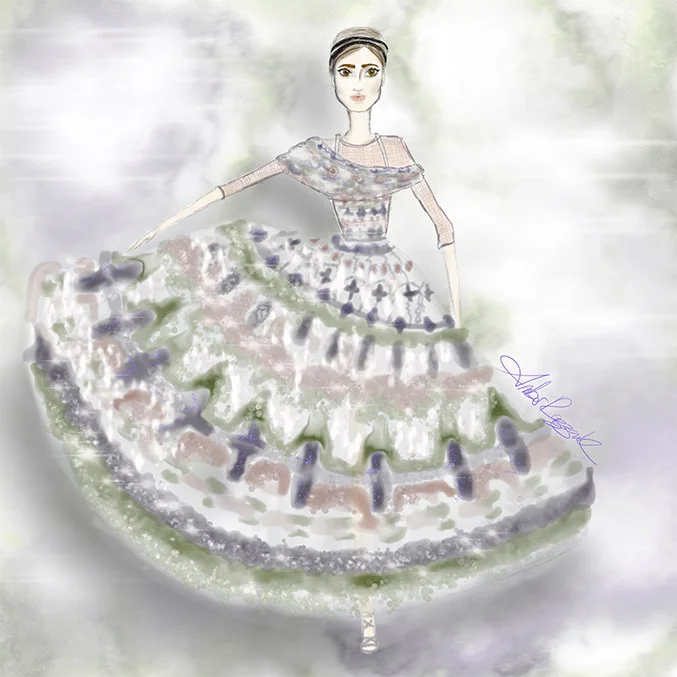 One of the evening dresses in the dream like fabric pattern with a shimmering top layer!