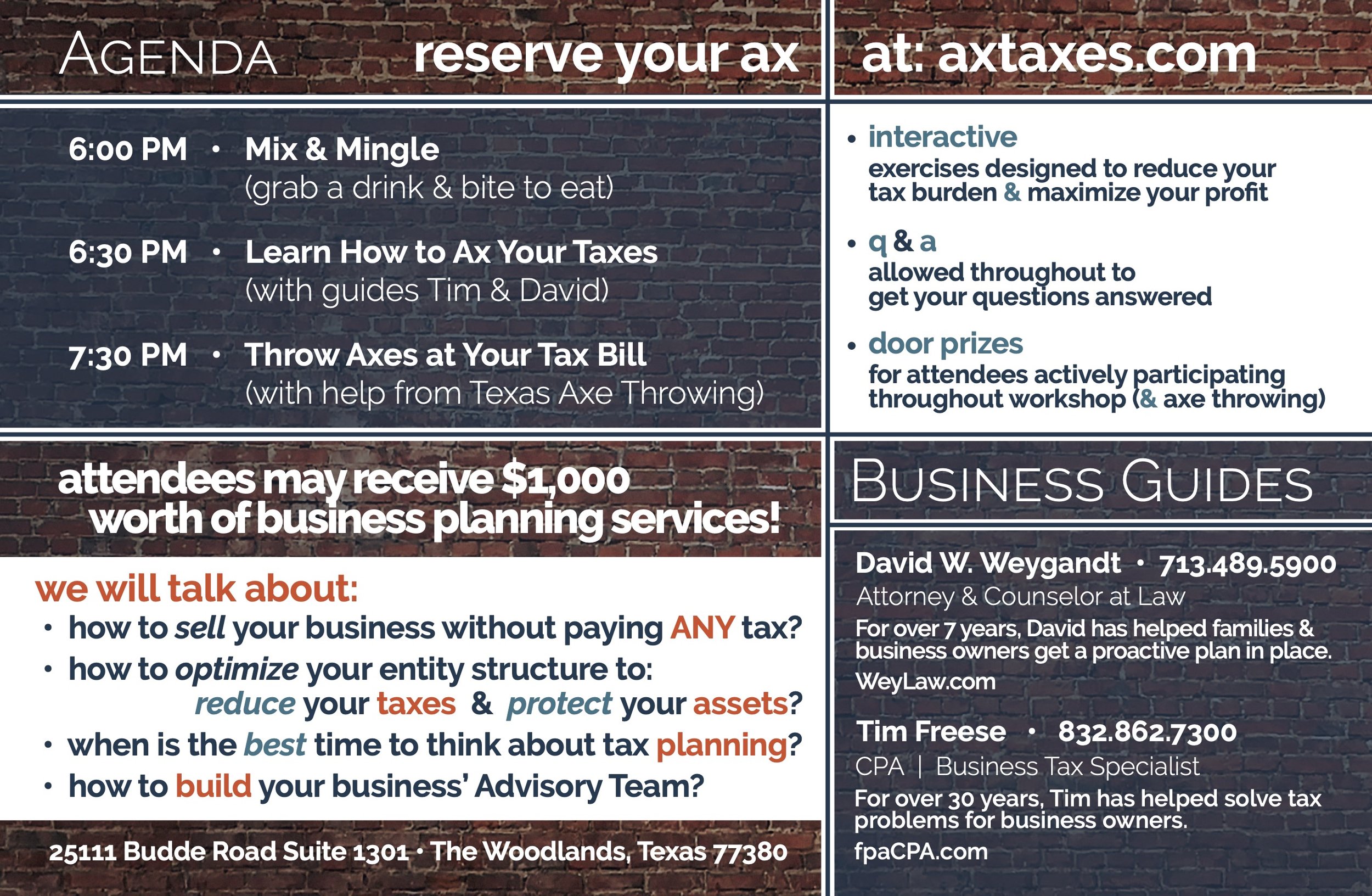 axes &amp; taxes in the woodlands - business planning workshop tax strategy ax ye taxes houston