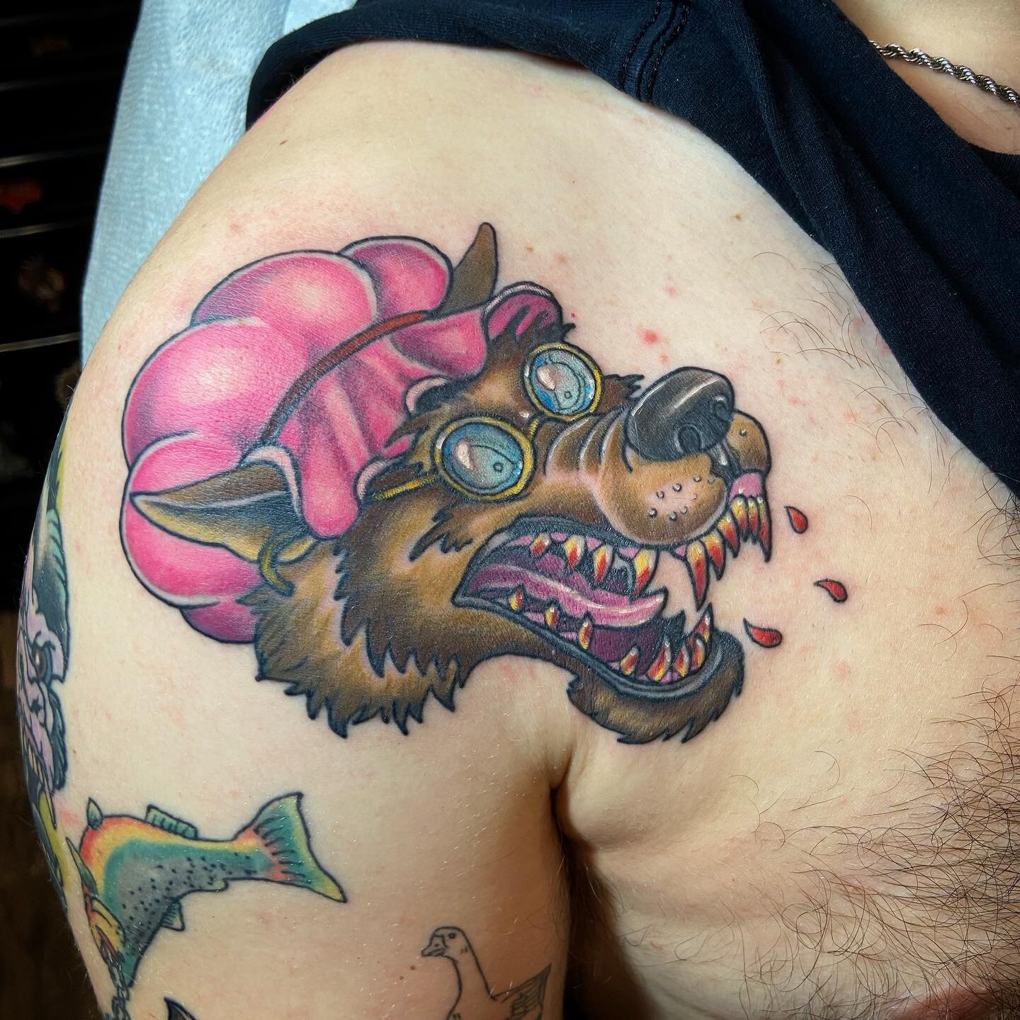 Finished up this grandma wolf. Lines and black shading healed from last month. Thanks Sam. 
-
-
-
-
-
-
-
#neotrad #neotraditional #redridinghood #wolf #whoawolfmanhasnards #nards #grandma #grannywolf #doctattoos #tuckerton #lbi #jerseyshore #shoreli