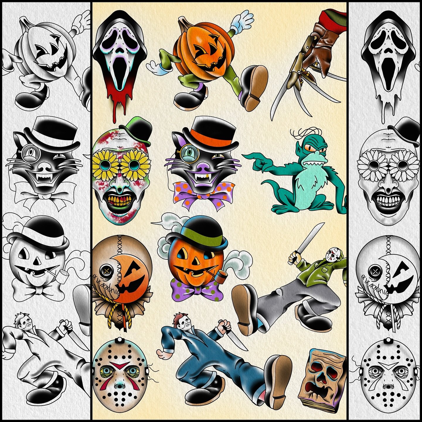 Halloween flash special for the month of October! I have these designs in color or black $150-250. That&rsquo;s a savings of a lotta dollars. DM, text 609-334-4386 or email doctattoos@hotmail.com to book an appointment. Keep an eye peeled for walk in