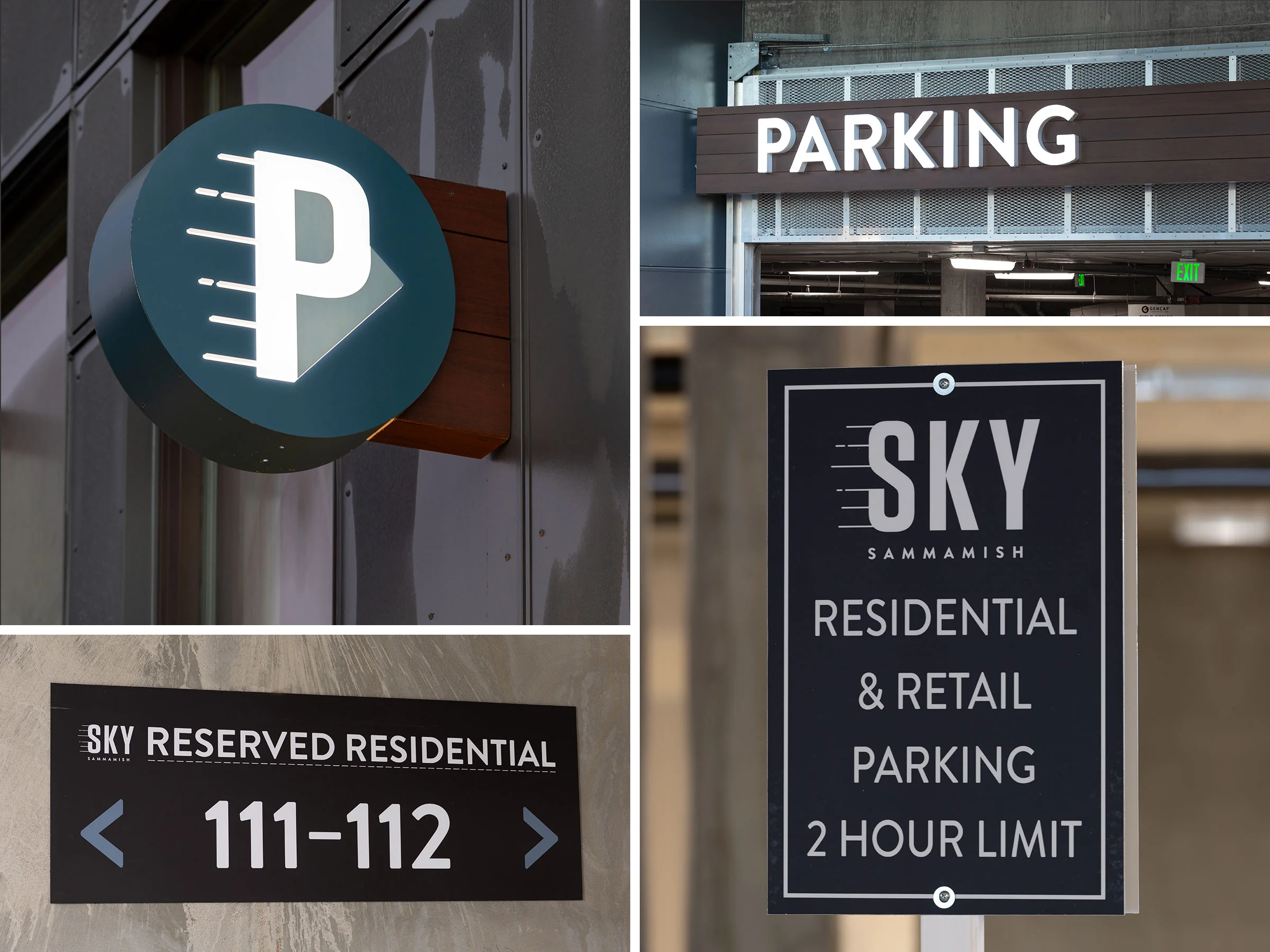 It is imperative that parking signage is intuitive to the patrons of SKY Sammamish. We made these signs consistent by using white typography on dark tone backgrounds; the result is a cohesive and easy to read parking sign package.