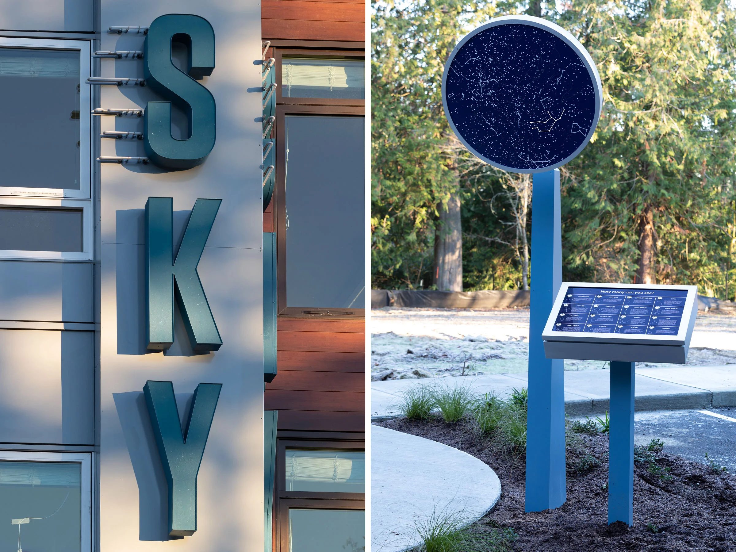 We wanted to make a statement with the building’s main signage. The main sign on the left uses face lit, halo lit LED and neon lighting, capturing a bold and direct look to the entry of SKY as you come upon the building. The constellation map on the right is an interactive guide to finding star constellations in the night sky.