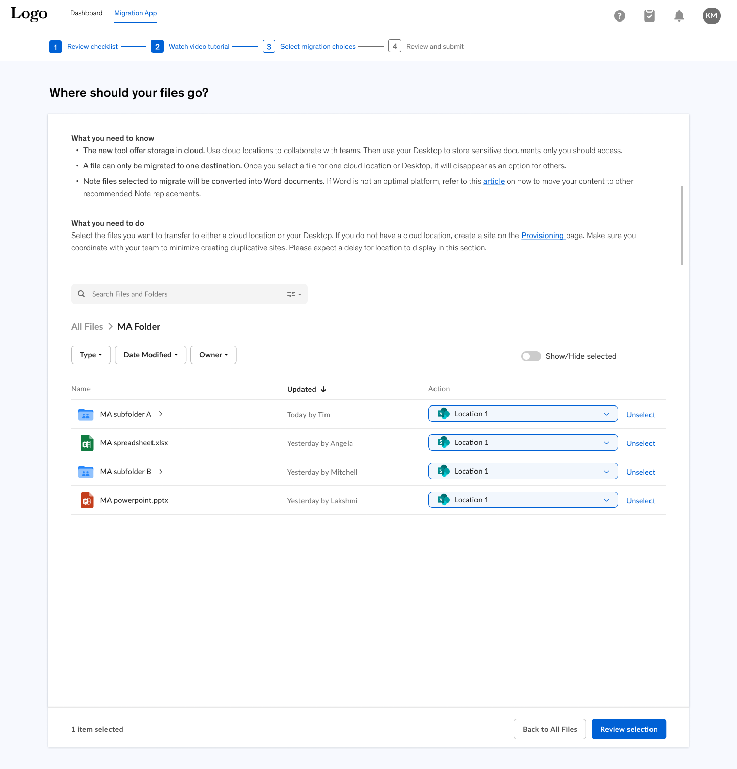 All files in the folder are selected for migration