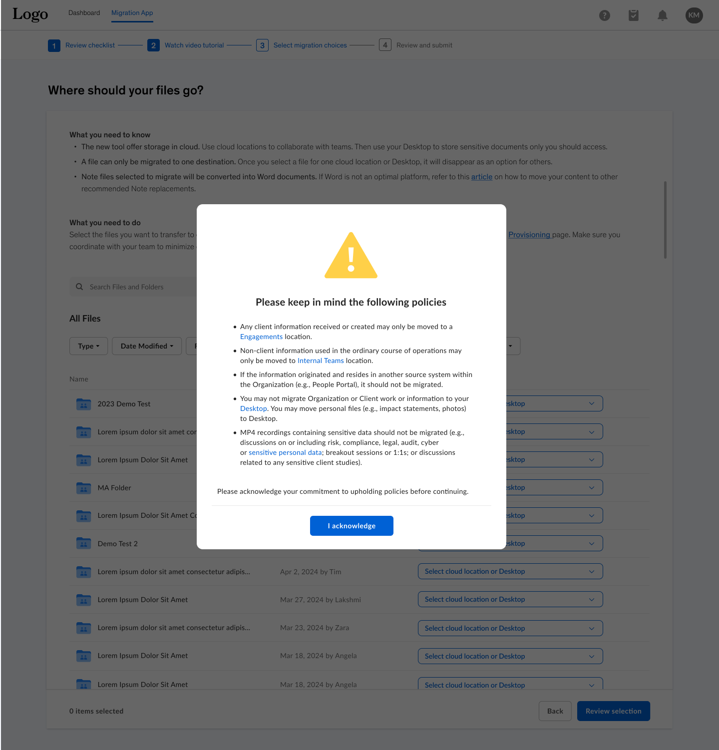 The acknowledgement of Company's rules