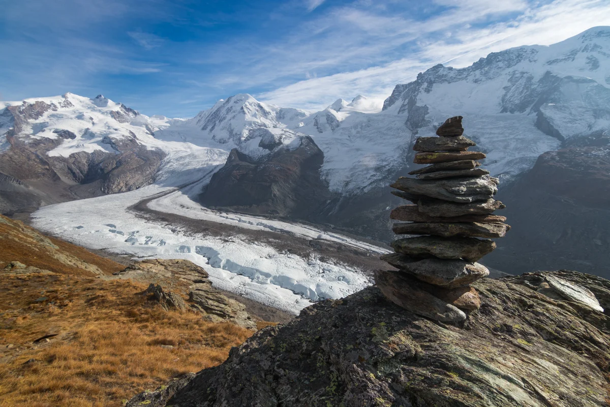 Gorner Glacier from Riffelsee stop on Gornergrat Train above Zermatt, Switzerland.