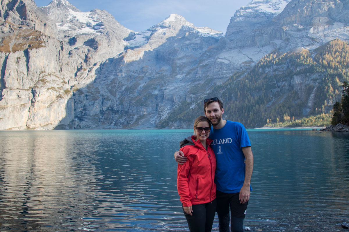 My girlfriend and I at the edge of Oeschinen Lake in Switzerland