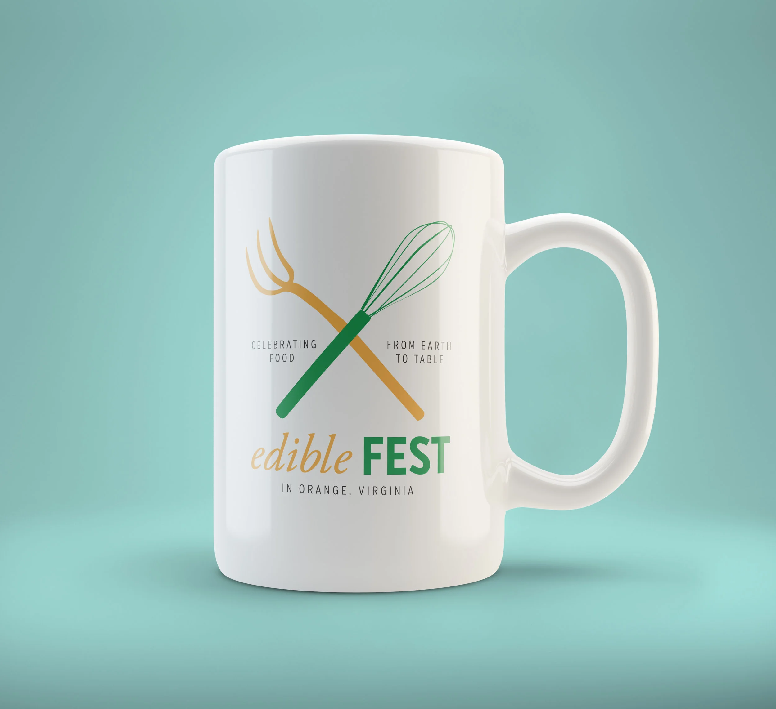 Logo design for an earth-to-table food festival in Virginia, seen here on a coffee cup. Their previous logo was all about the food, but the actual event was all about process, with chances to meet the food producers and watch chefs at work, so we made that point with some tools of the trade.