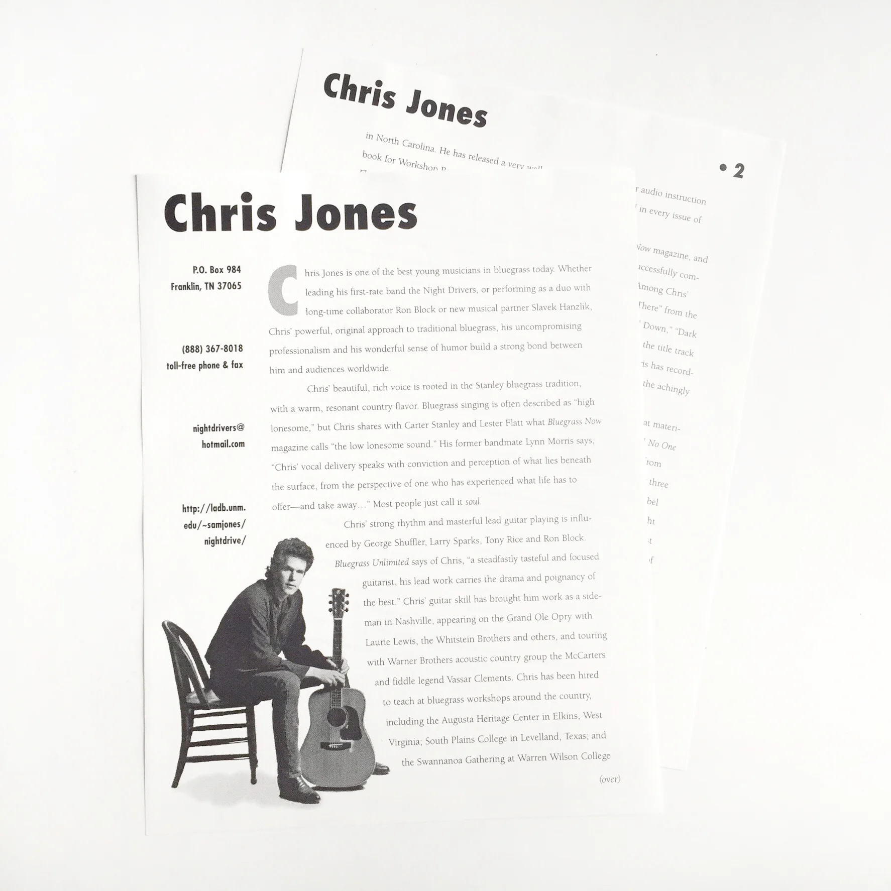 I wrote this bio for Chris early in his career, and it's a good example of economical printing. With just one color ink and no bleed, it could be reproduced on any copy machine. I used the same design elements but a different color of paper for each piece of the promo kit, and the finished product was quite handsome.