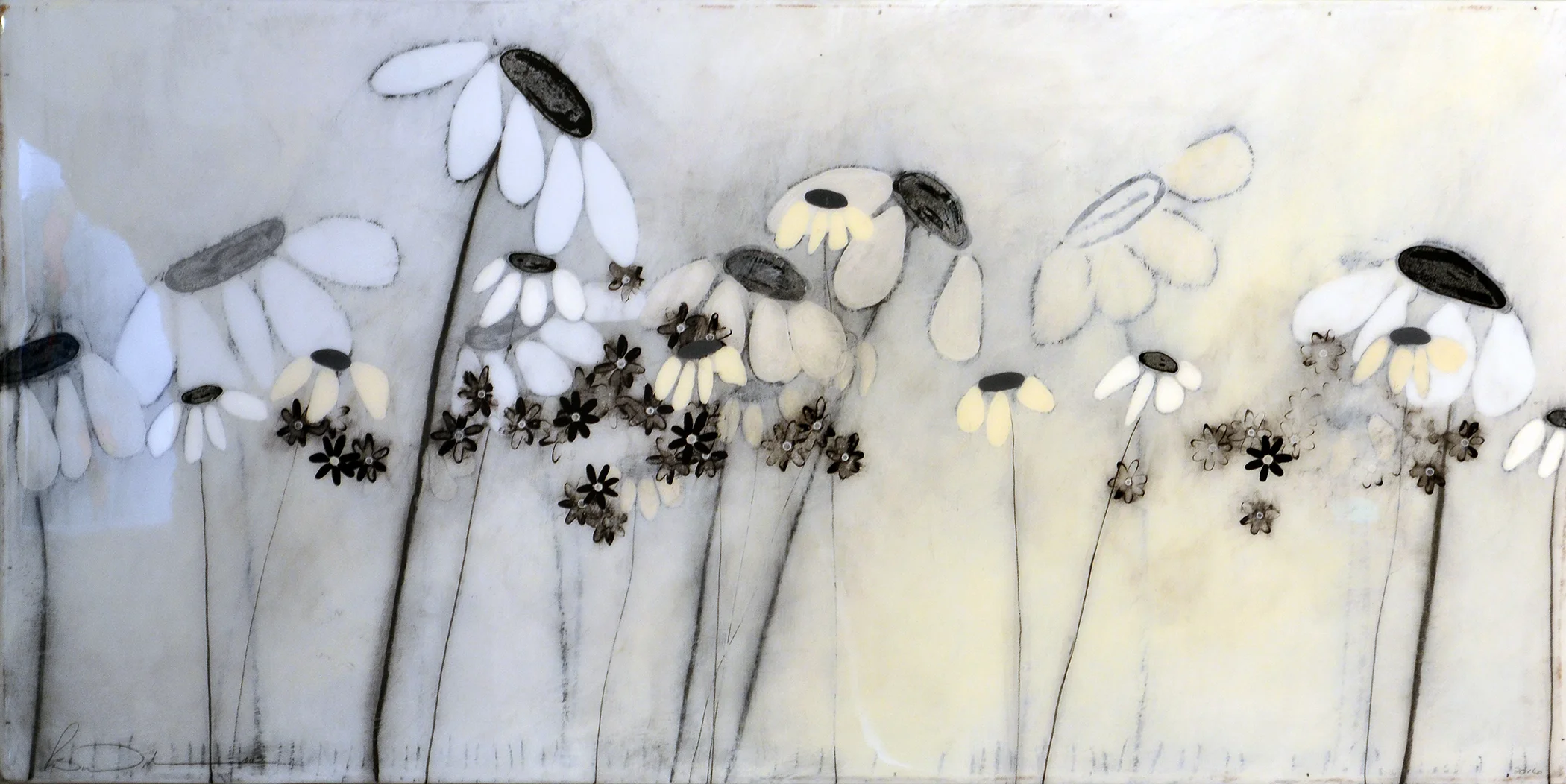 Black and White Floral 16x24 Latex, enamel, acrylic and resin on wood $750