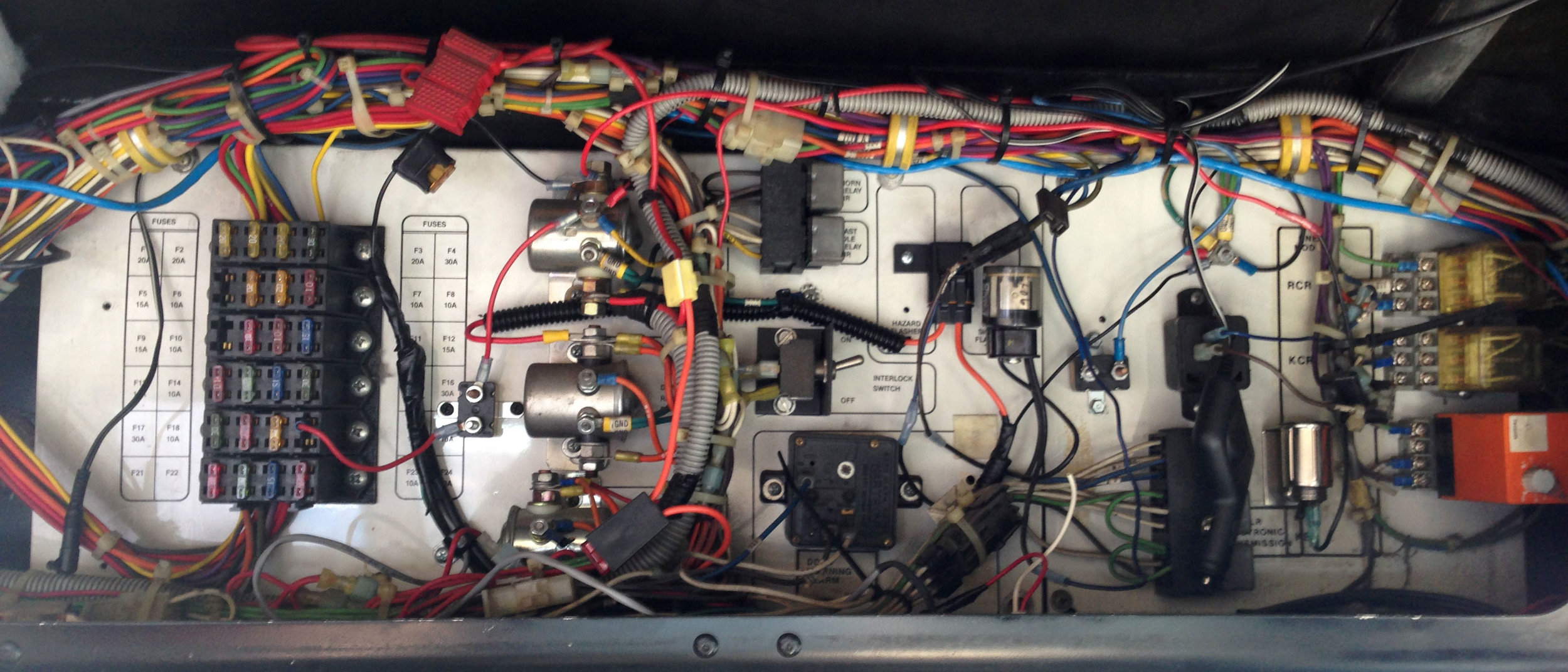 Compared to some buses I've seen, the electric panel (located above the driver) on the Gillig Phantom is an exercise in simplicity ;)