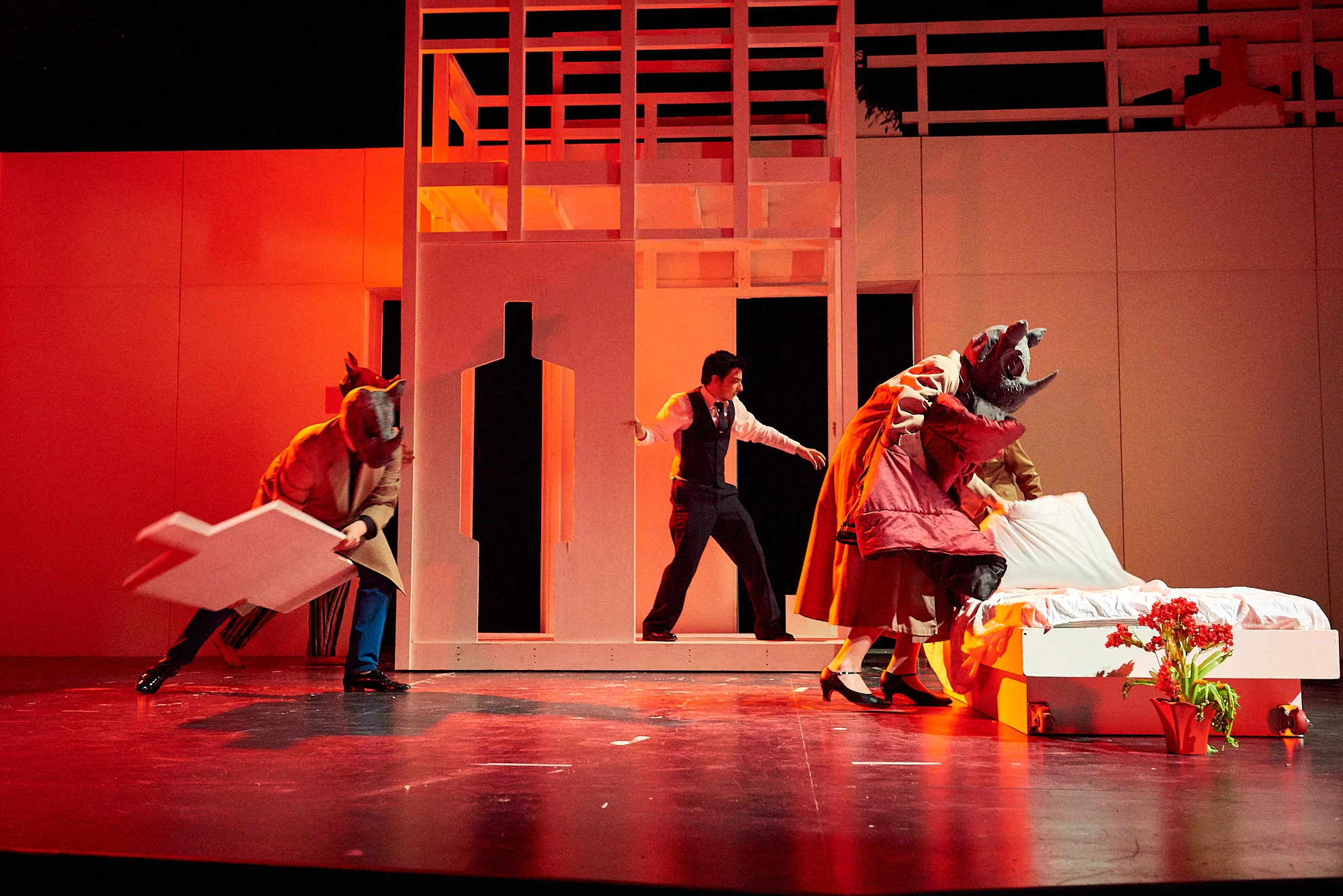 Colgate University Spring 2017 Production of Rhinoceros by Eugene Ionesco, performed in the Bremer Theater in the Dana Arts Center, Colgate University. Translation By: Allen Kuharski and George Moskos, Directed By: Simona Giurgea, Scenic & Costume Design by: Danila Korogodsky, Costume Assistant: Lynn Cooper, Technical Director: Joel Morain, Lighting Design: Kieran O'Connor.