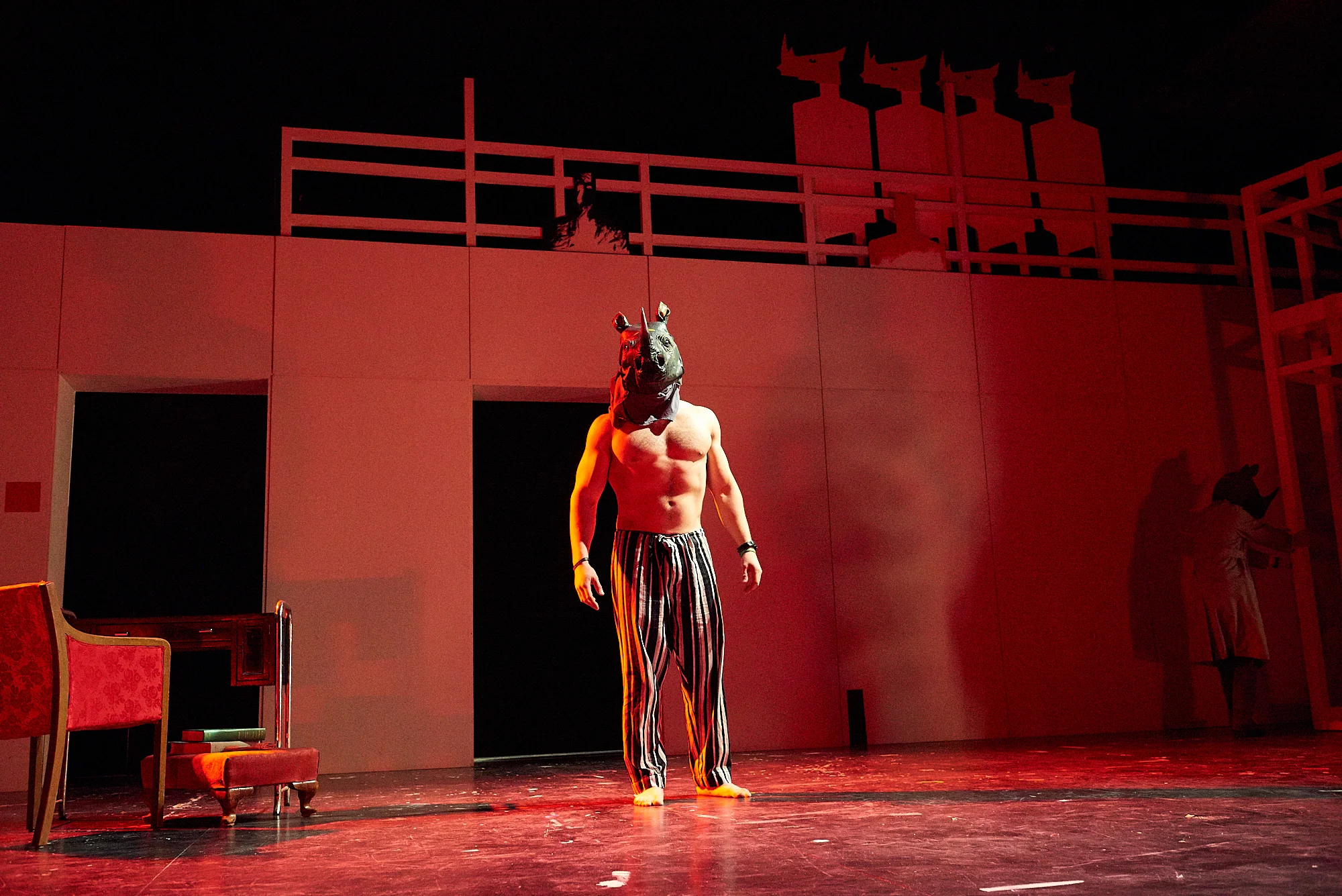 Colgate University Spring 2017 Production of Rhinoceros by Eugene Ionesco, performed in the Bremer Theater in the Dana Arts Center, Colgate University. Translation By: Allen Kuharski and George Moskos, Directed By: Simona Giurgea, Scenic & Costume Design by: Danila Korogodsky, Costume Assistant: Lynn Cooper, Technical Director: Joel Morain, Lighting Design: Kieran O'Connor.