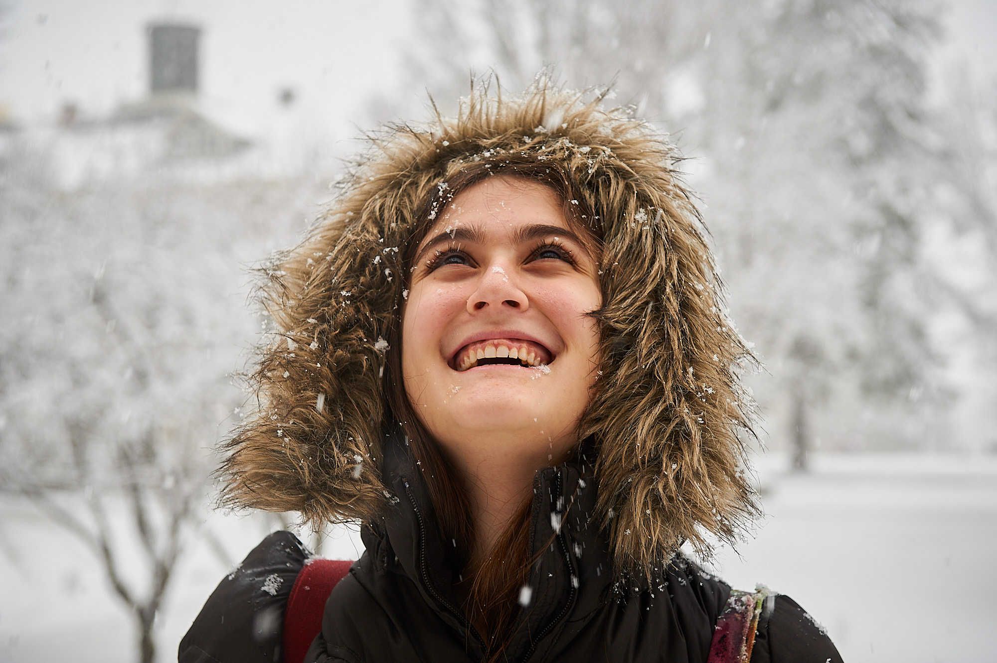 Michelle Cullen, Colgate University Class of 2015, from Atlanta, Georgia experiences her first snow storm on the Colgate University Campus