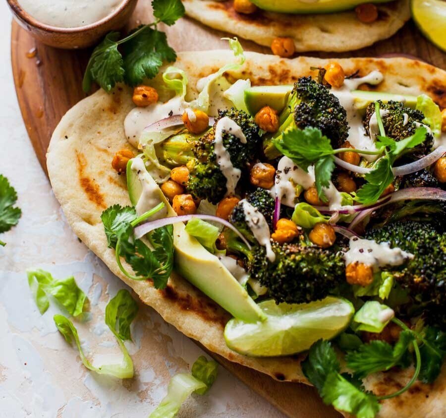 Broccoli, Chickpea, and Avo Pita Pockets with Lemon Dressing