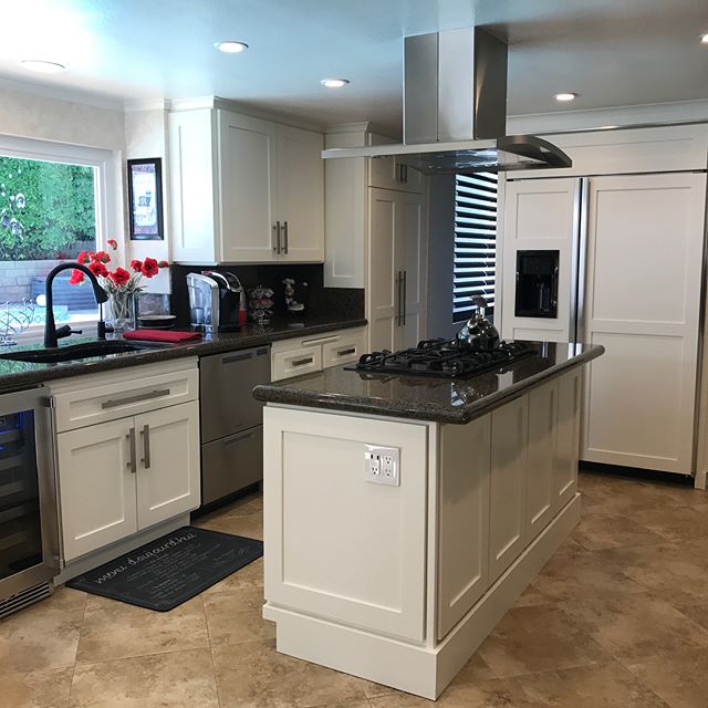 Very proud of recent Kitchen remodel in Anaheim, CA. All previously oak doors replaced with re-sizes Solid Maple Shaker style Door and Drawer fronts ridding any gap between doors that once existed. All hinges and drawer glides were also replaced with