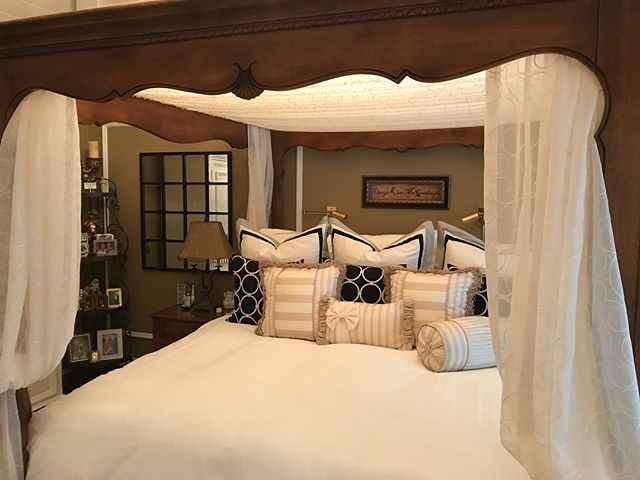 Custom Duvet and throw pillows designed for master bedroom topped with a lace fabric canopy &amp; side panels. All panels are tied with custom braided tassels. Yorba Linda, CA
.
.
#master #bedroom #interiordesign #summer #family #home #homedecor