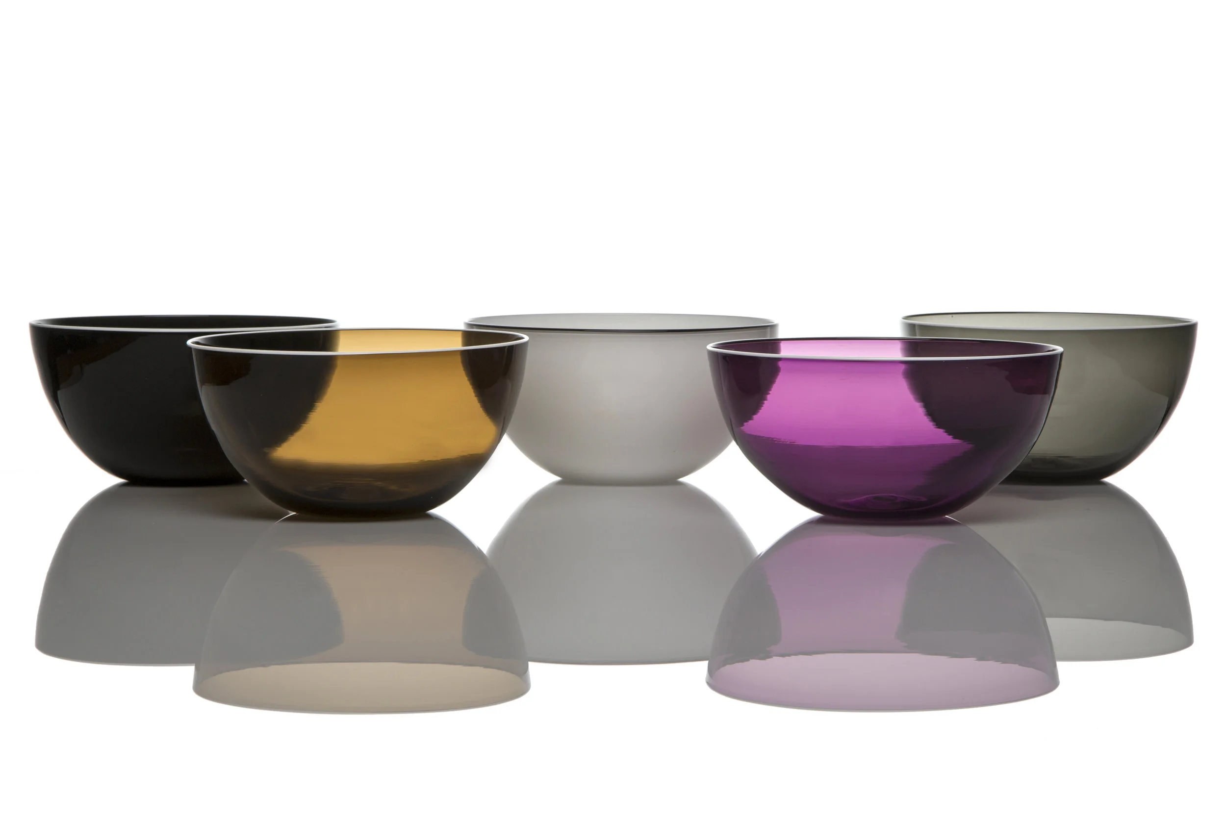 Colors from left to right: Black, Topaz, White, Purple, and Smoke Gray.