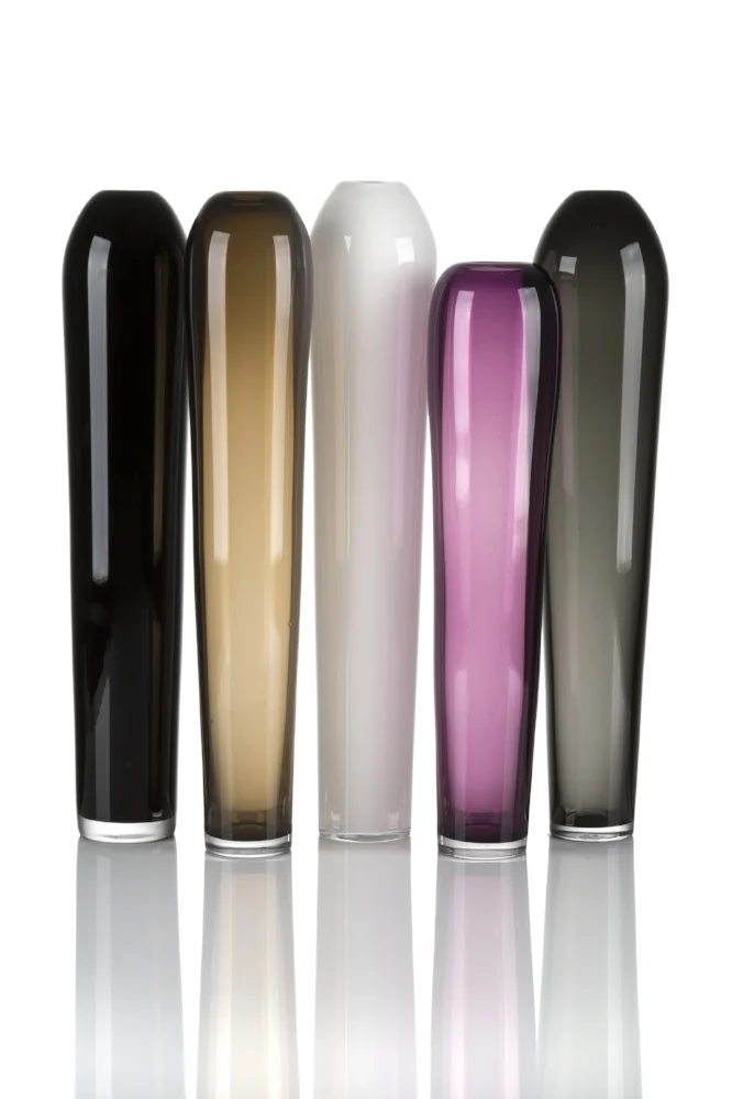 Colors from left to right: Black, Topaz, White, Purple, and Smoke Gray.