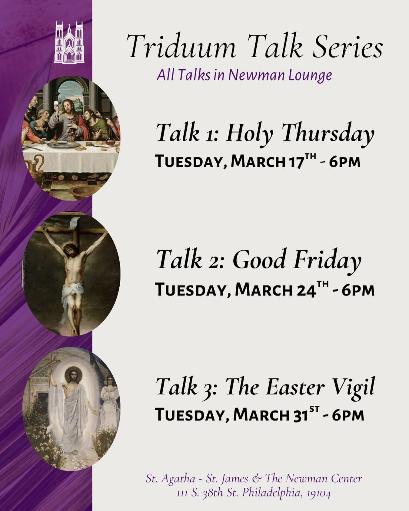 Enter more deeply into the Holy Week with our special talk series about the liturgies of the Easter Triduum. For the next three Tuesdays, we will host talks that explore the deeper meaning of the liturgies and traditions of Holy Thursday, Good Friday