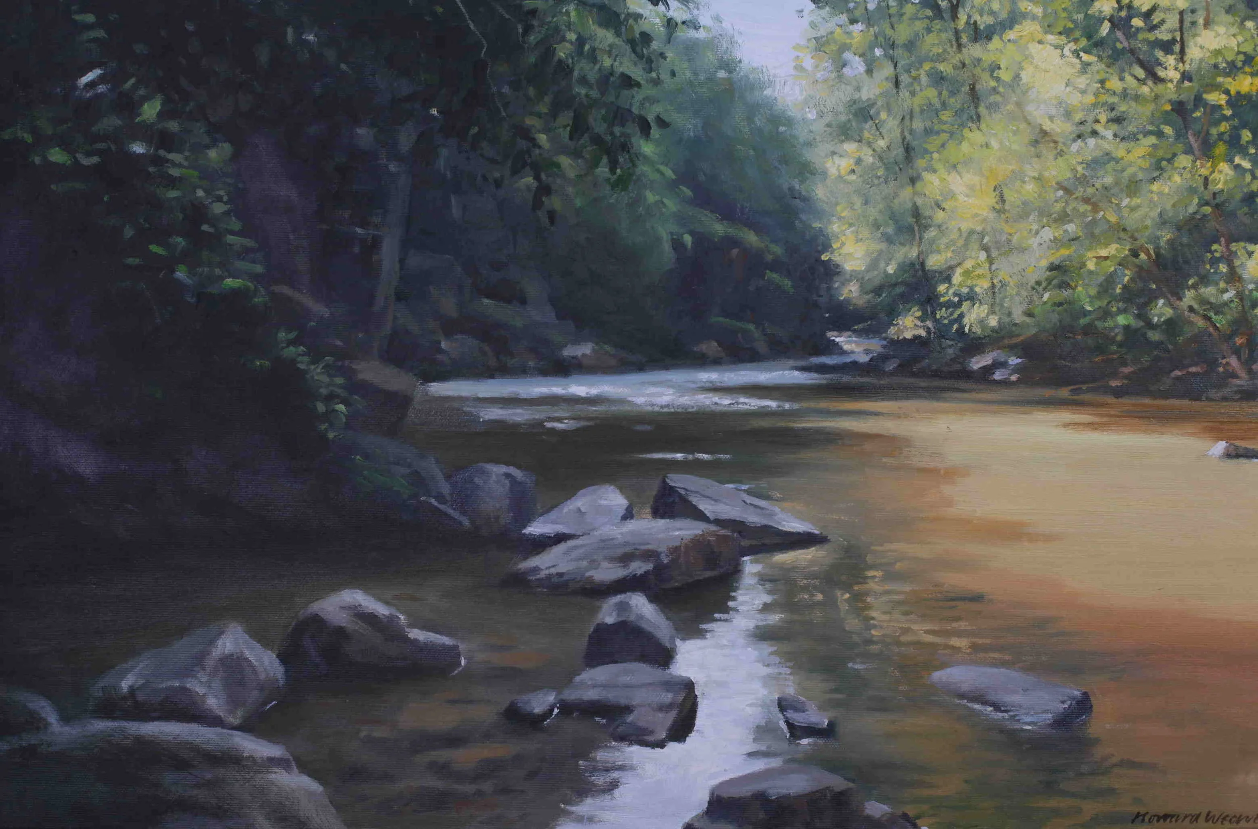 Sun through the trees - Vargyas river, Transylvania - oil on canvas