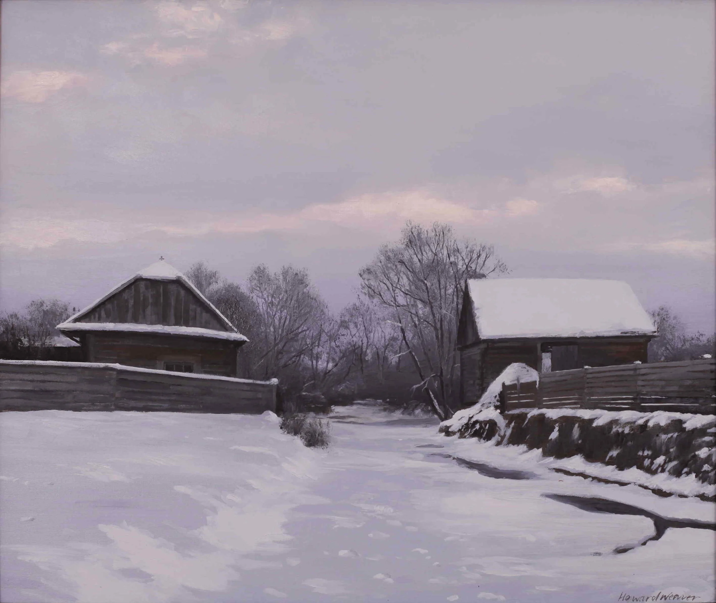 Kászon barns in winter I . Transylvania / oil on canvas