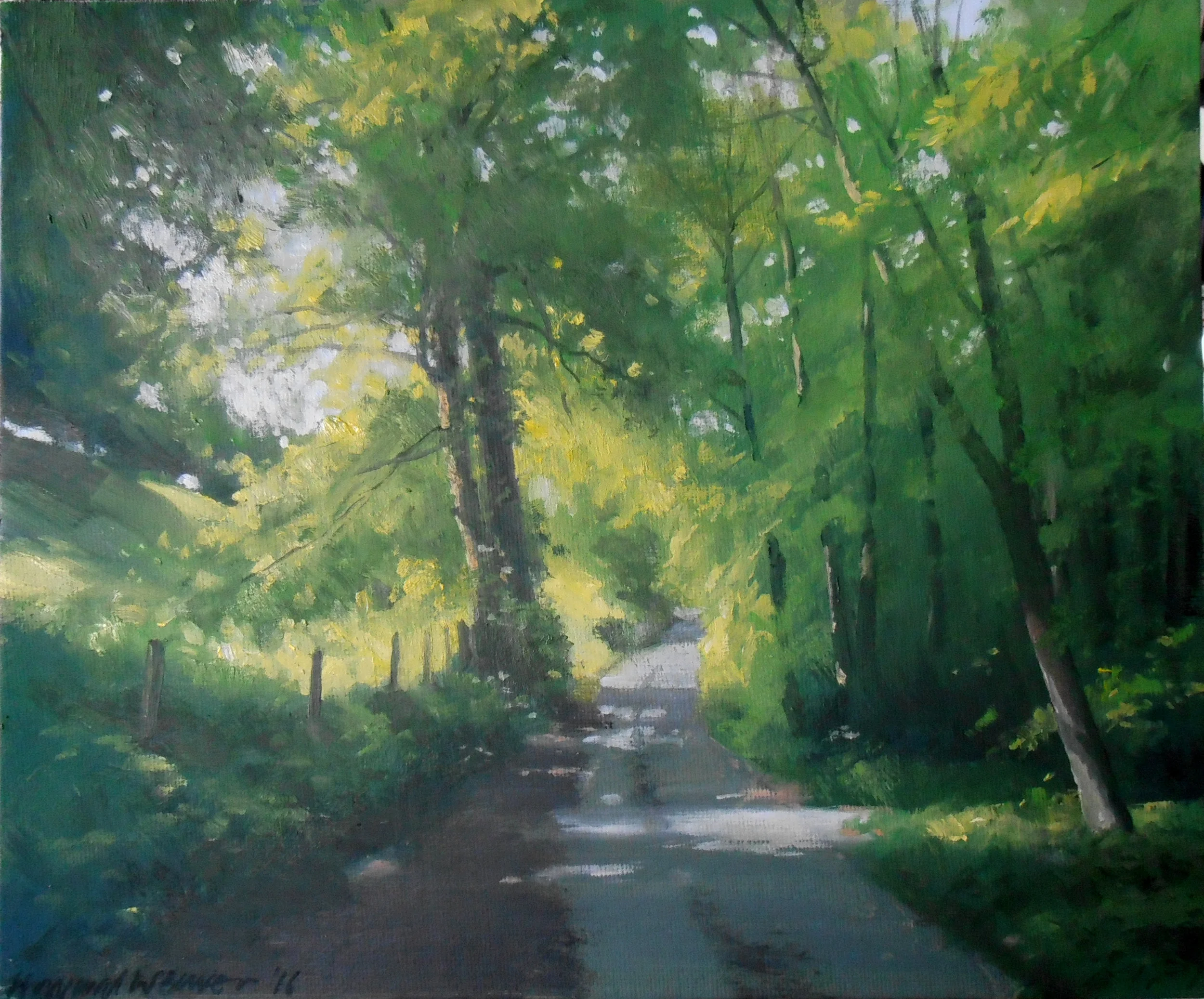 Road to my house, New Radnor, Wales. Oil on canvas board
