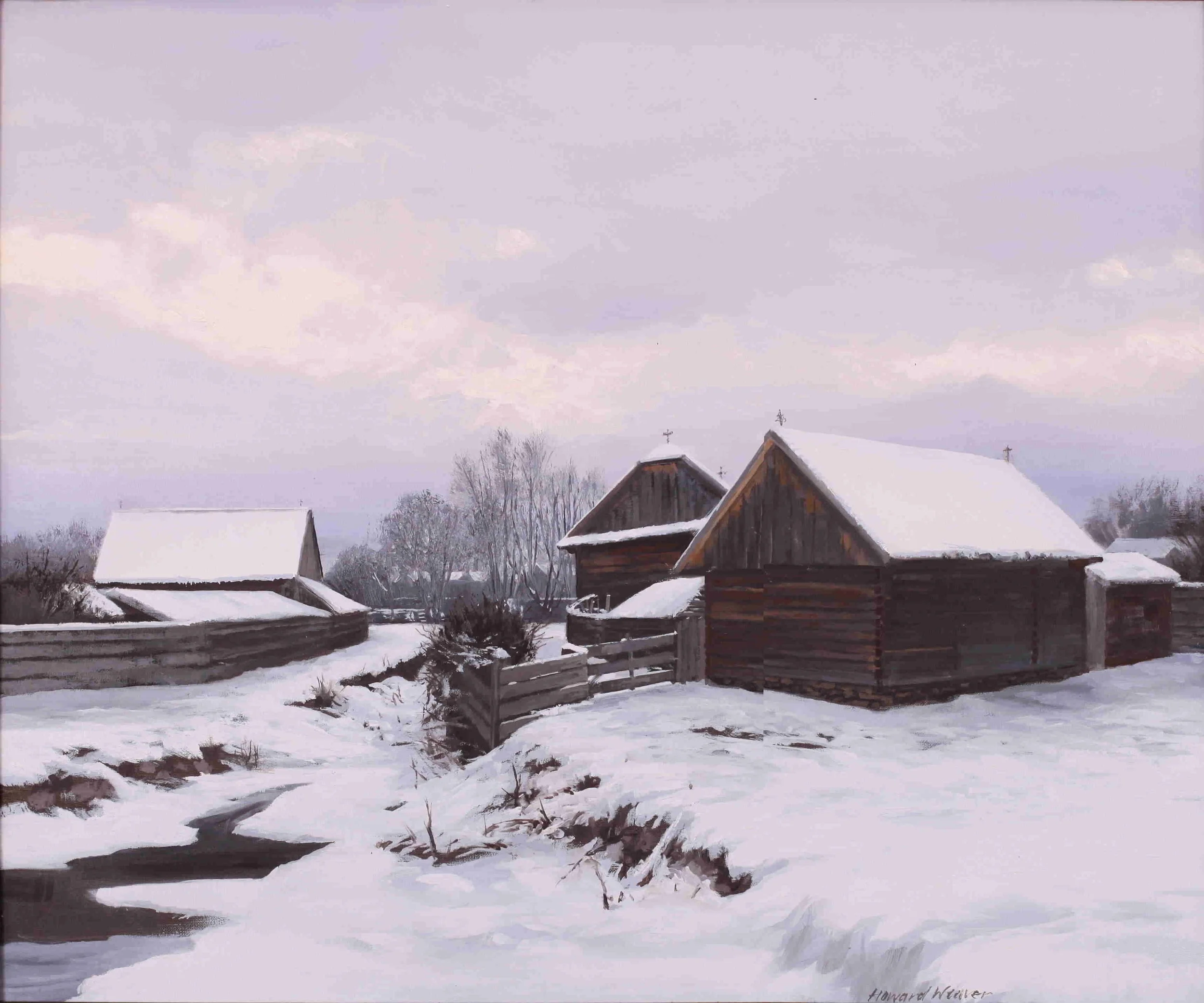 Kászon barns in winter II . Transylvania / oil on canvas