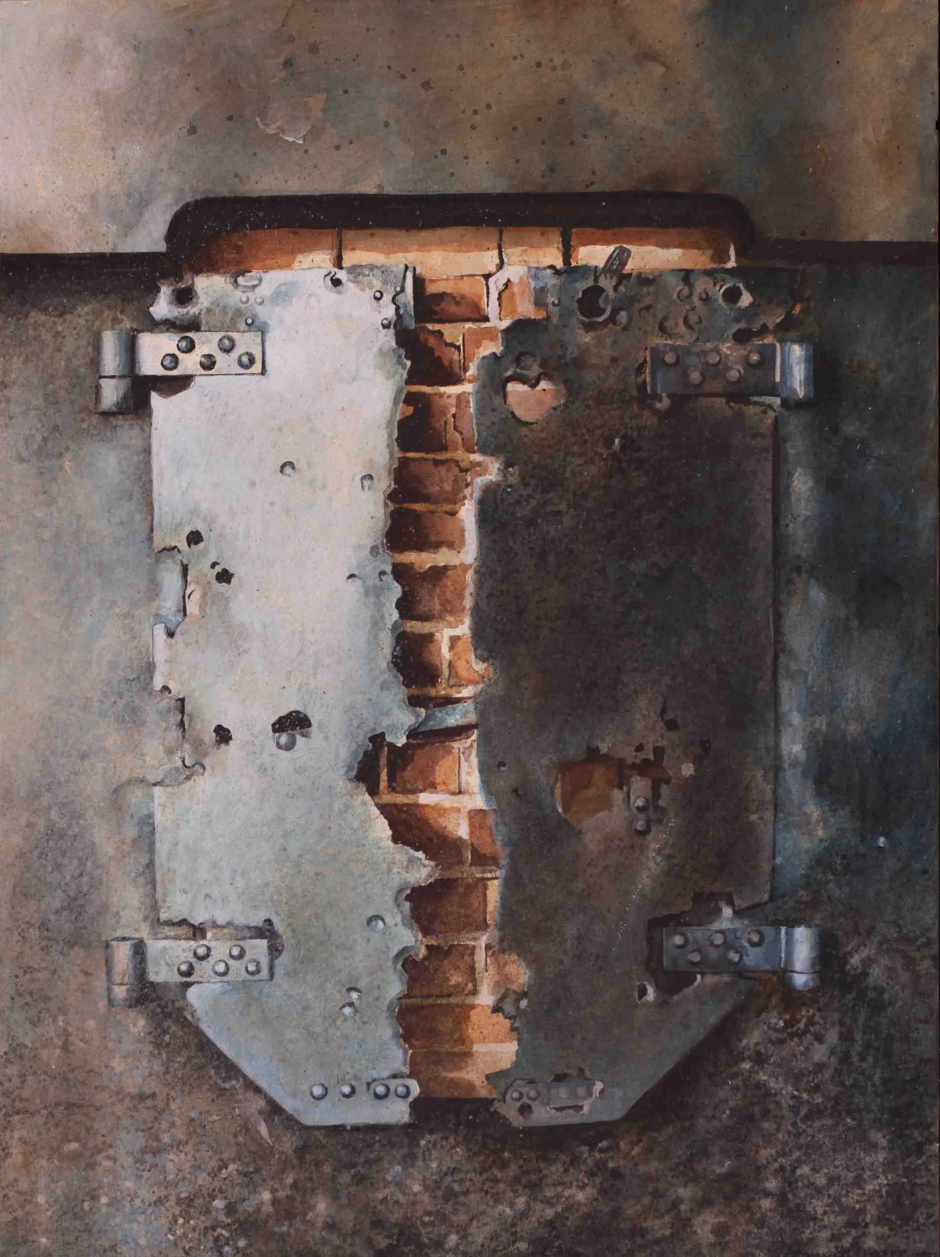 Sea corroded steel door. Solent , UK (watercolour)