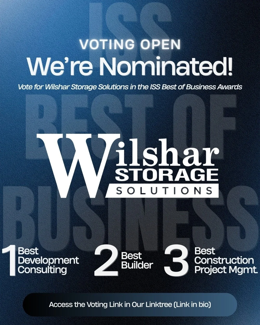 We&rsquo;re honored to be nominated in the ISS Best of Business Awards.

If you&rsquo;ve worked with our team or supported what we&rsquo;re building at Wilshar Storage Solutions, we&rsquo;d truly appreciate your vote.

You can vote for us in:
&bull; 
