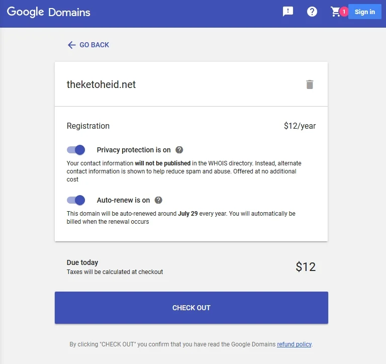 Google Domains Checkout Screen