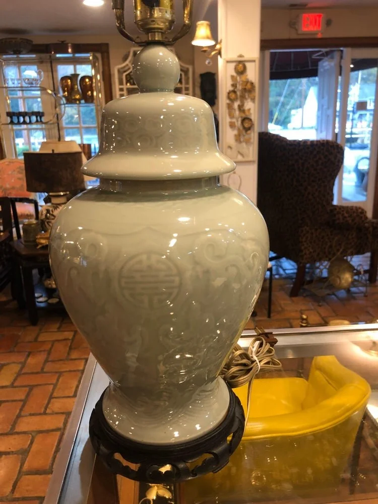 Celadon Ginger Jar Lamp With Pierced Wooden Base Fleur De Lis Celadon Ginger Jar Lamp With Pierced, Ginger Jar Lamp Base