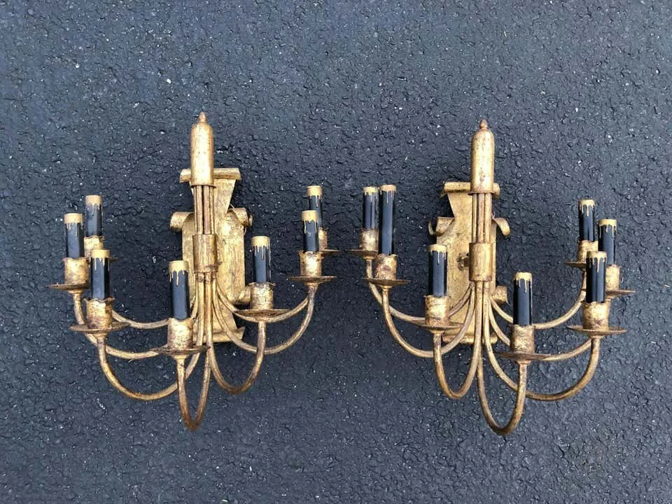 Pair of Gilt Iron Sconces with Black Candle Covers3.jpg