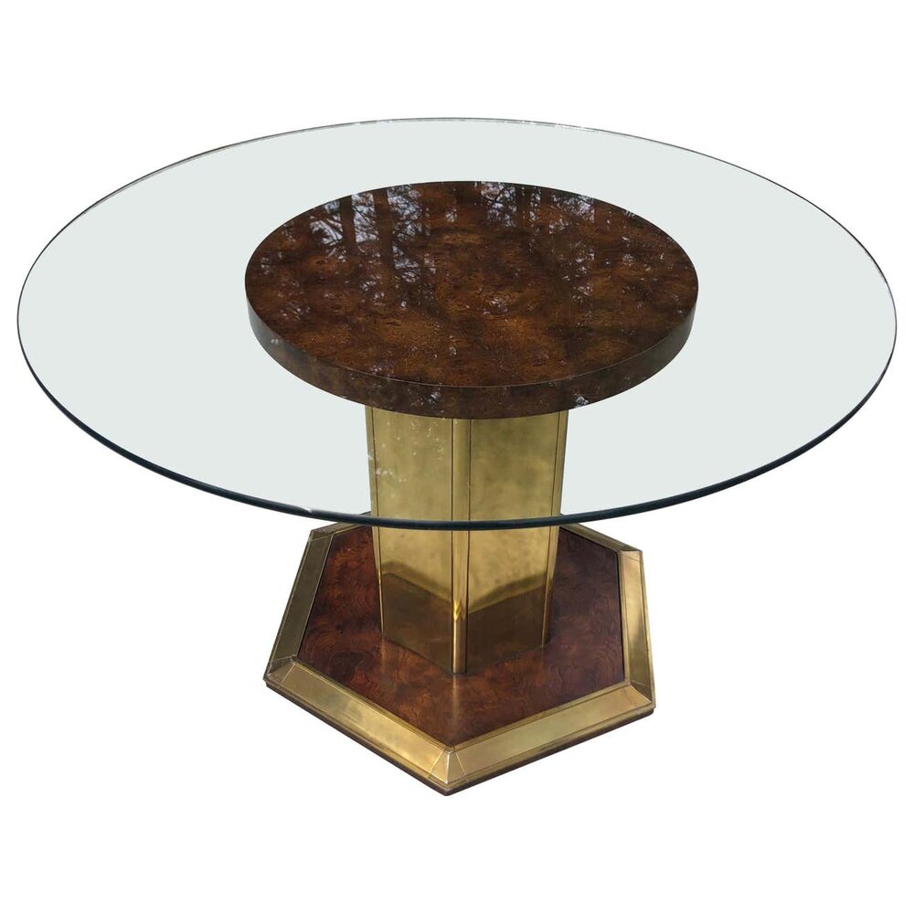 Henredon Round Burl Wood Dining Table With Glass Top Fleur De Lis
