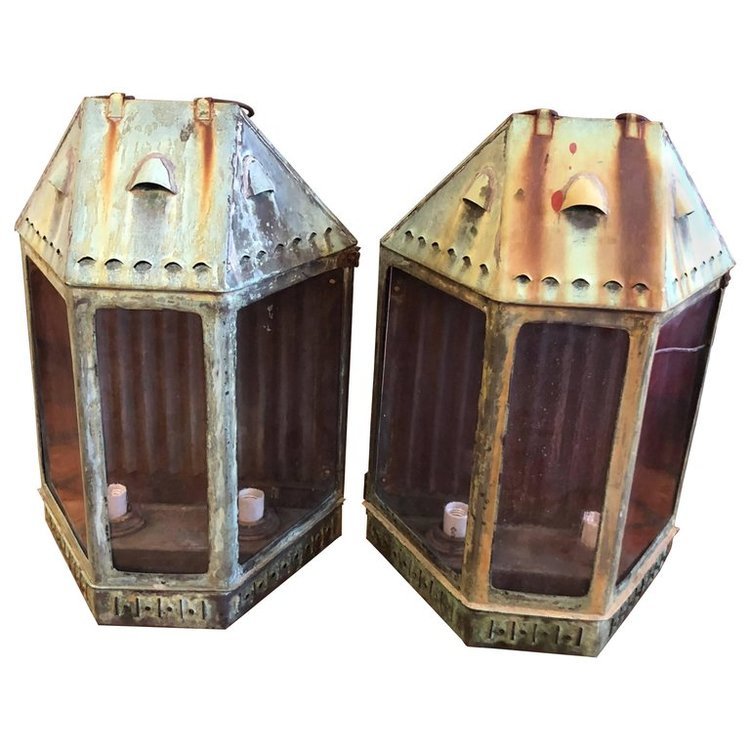 Pair Patina'd Copper Lanterns