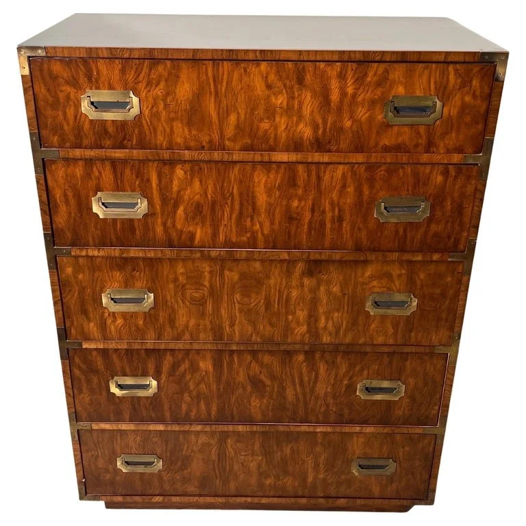 SOLD-Walnut Campaign Dresser in the Style of Henredon  Fleur de Lis
