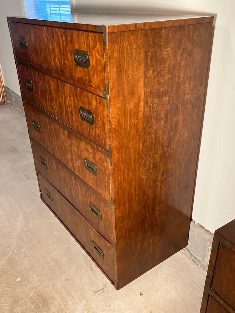 SOLD-Walnut Campaign Dresser in the Style of Henredon Fleur de Lis SOLD-Walnut Campaign Dresser in the Style of Henredon Fleur de Lis