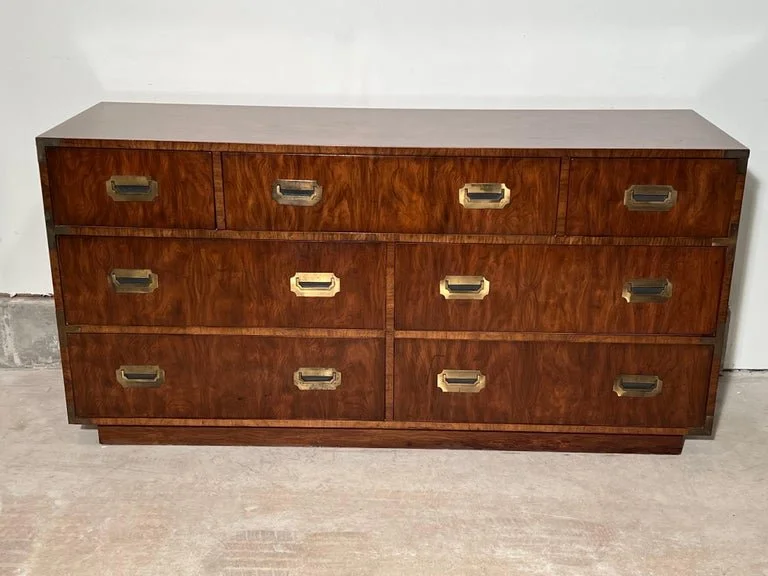 SOLD-Mid Century Campaign Dresser in the style of Henredon  Fleur de Lis