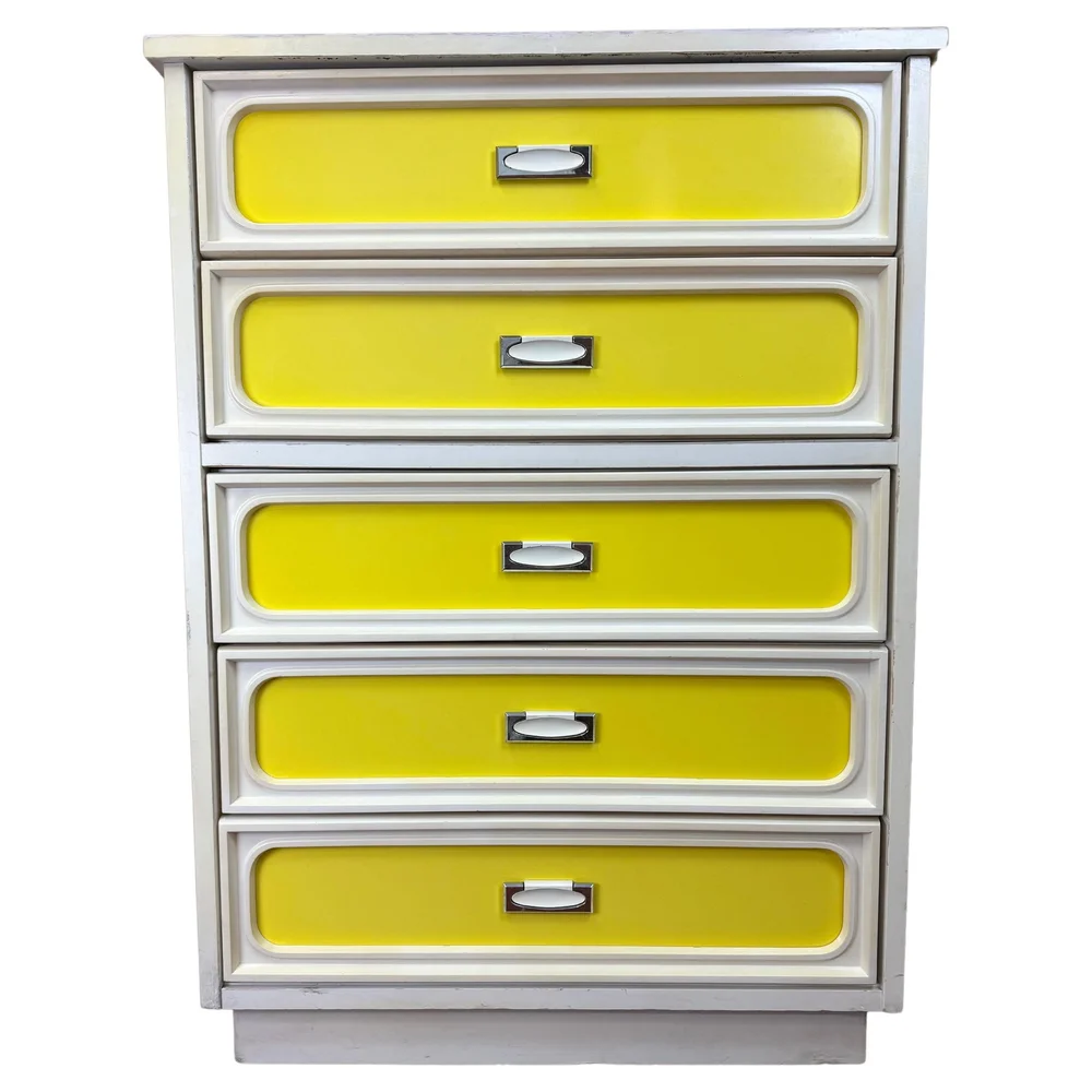 Space Age Five Drawer Dresser in Yellow and White  Fleur de Lis