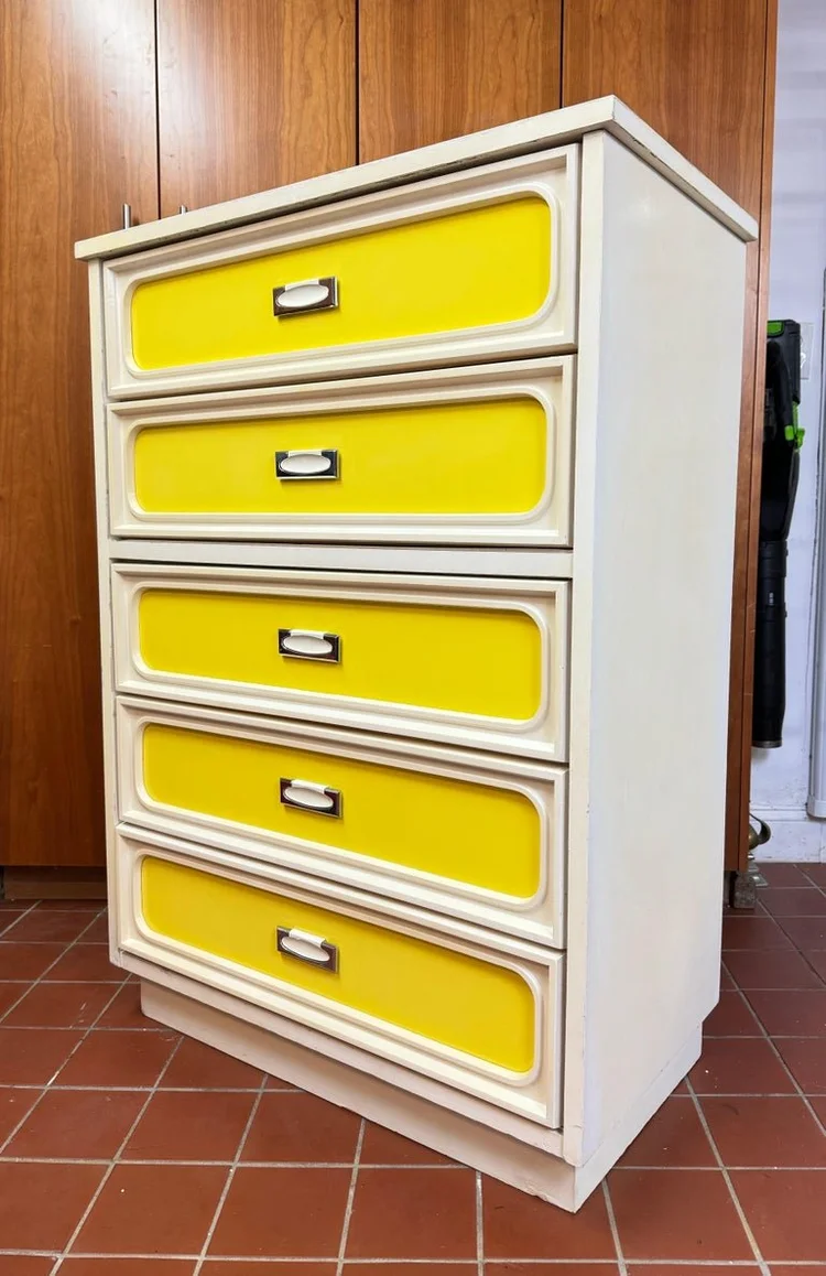Space Age Five Drawer Dresser in Yellow and White  Fleur de Lis