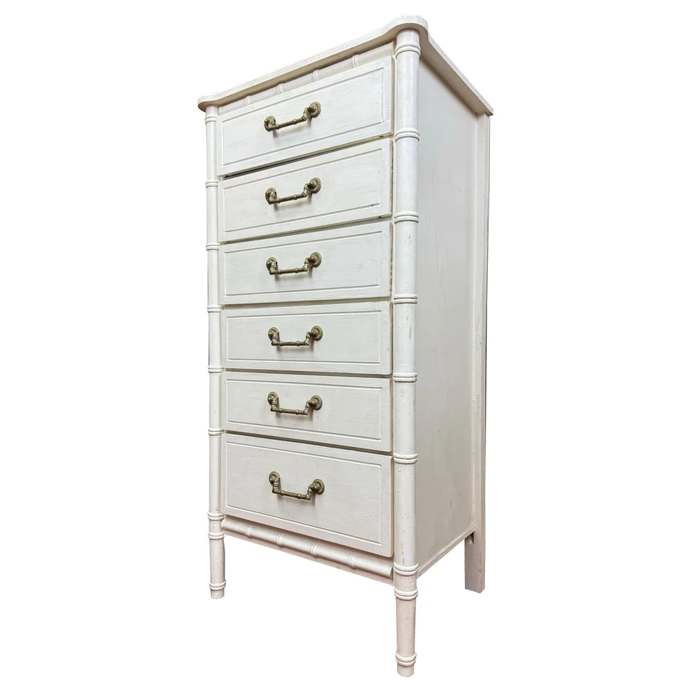 SOLD-White Faux Bamboo Six Drawer Dresser  Fleur de Lis
